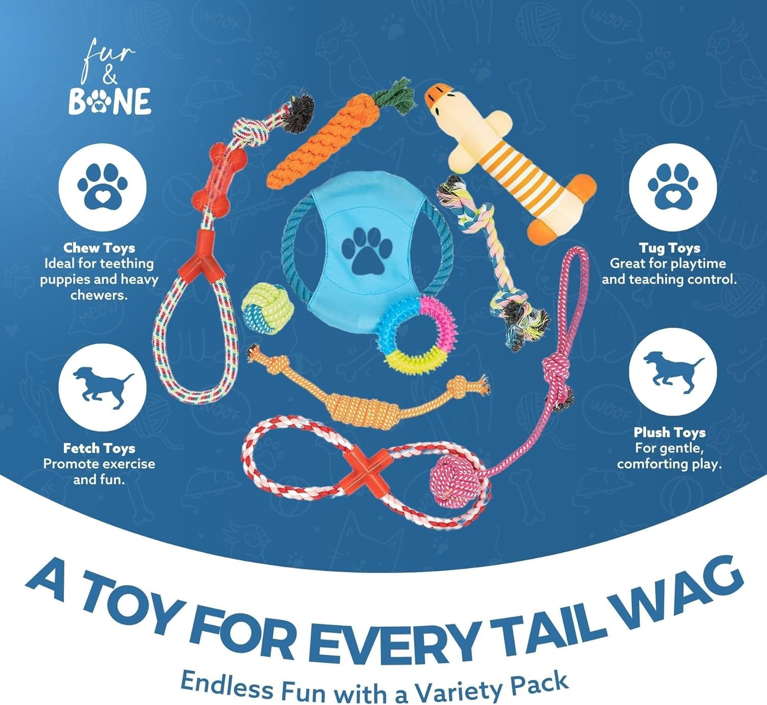 Fur & Bone Dog Chew Toys - Ultimate 10-Pack for Teething & Boredom | Cotton Rope Toys