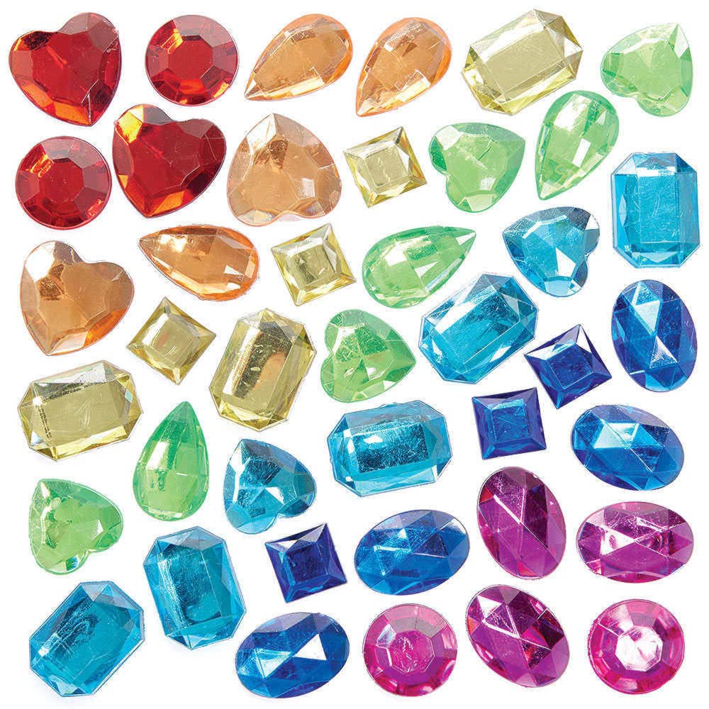Baker Ross FC759 Large Rainbow Self-Adhesive Gems - Pack of 120, 6 Shapes & 7 Colors, 15mm-25mm, Peel and Stick Craft Embellishments