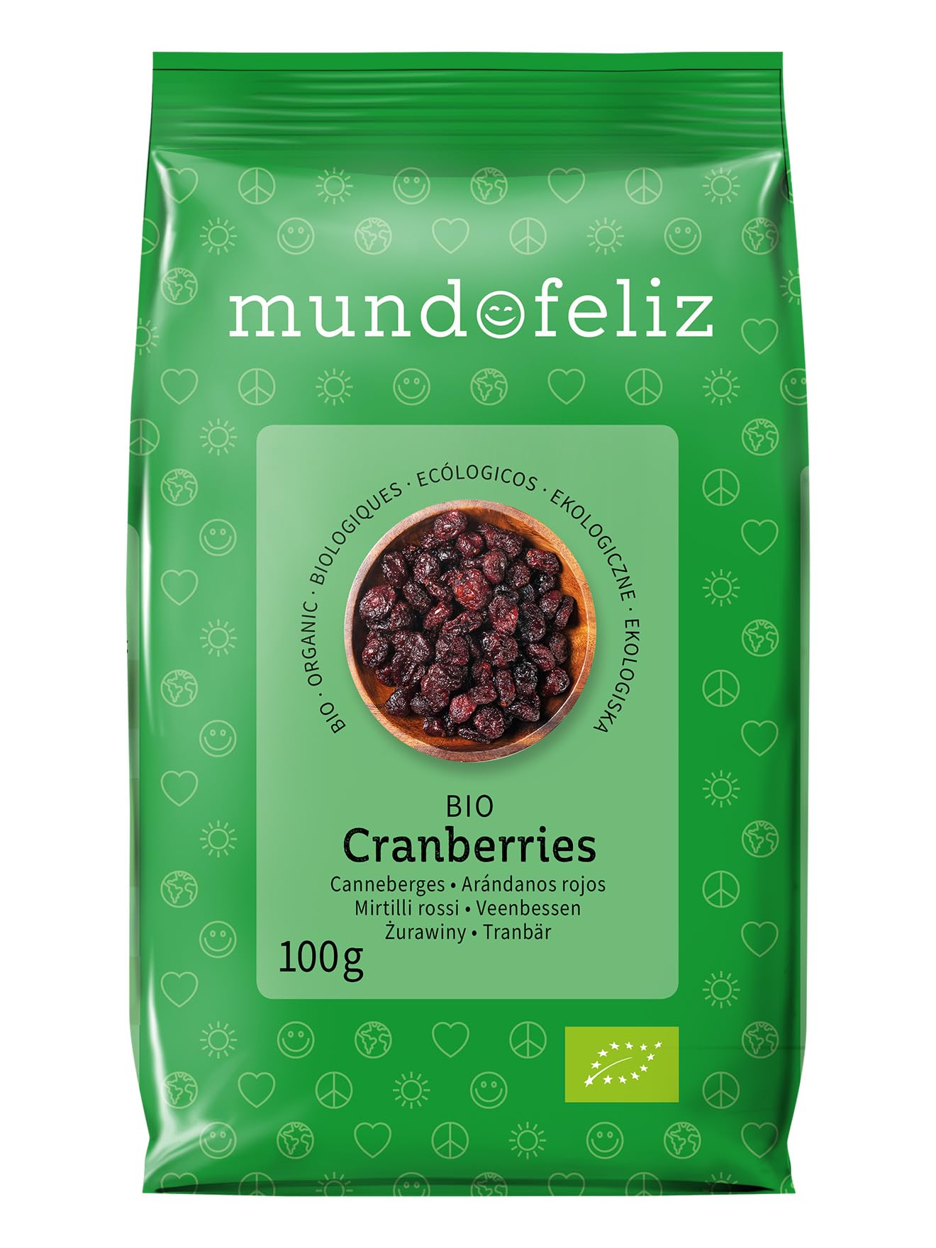 Mundo Feliz Organic Dried Cranberries 5 x 100g - Unsweetened, No Sulphur, with Apple Juice Concentrate