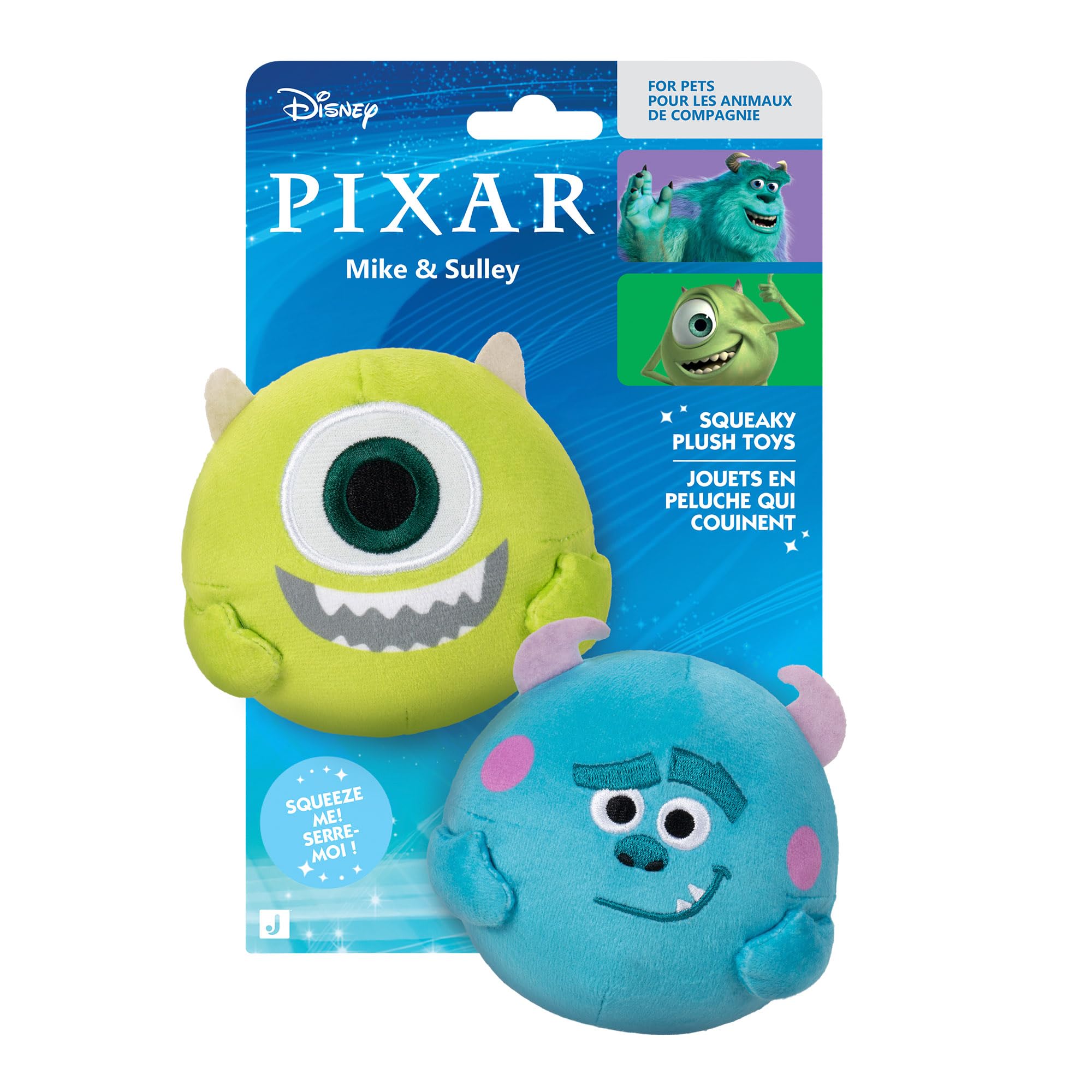 Disney Pixar Mike and Sulley Squeaky Plush Dog Toy 2-Pack - 3.5 Inches | Polyester