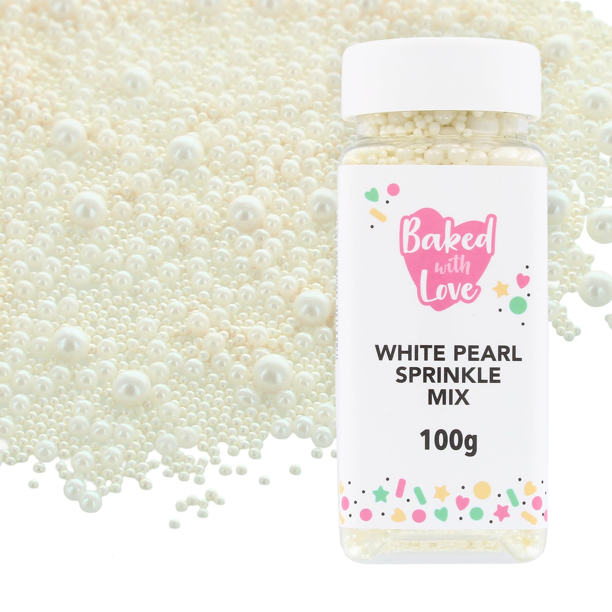 Baked with Love - White Pearl Sprinkles Mix | 100g Resealable Bottle | Mother of Pearl Sugar Balls for Cakes & Cupcakes
