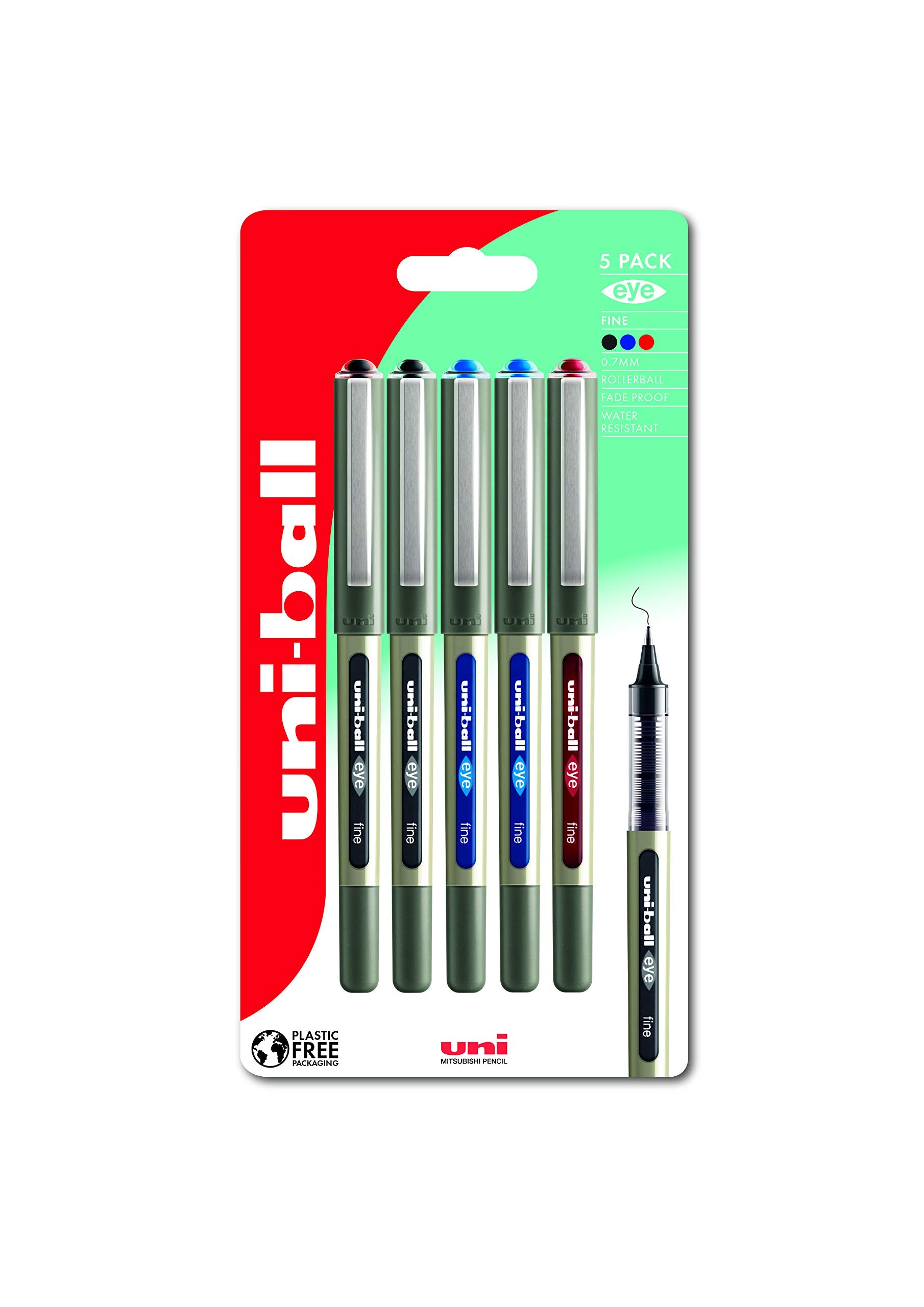 uni-ball UB-157 Eye Rollerball Pens. Premium Fine 0.7mm Ballpoint Tip for Super Smooth Handwriting, Drawing, Art, Crafts and Colouring. Fade and Water Resistant Liquid Uni Super Ink. 5 Pack Assorted 1