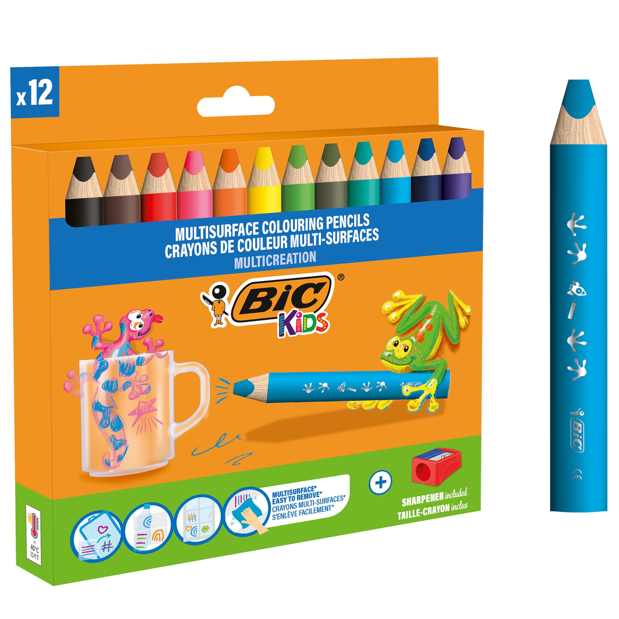 BIC Kids Multisurface Pencils 12pk - Triangular Grip with Sharpener for Drawing on Glass, Whiteboards & More