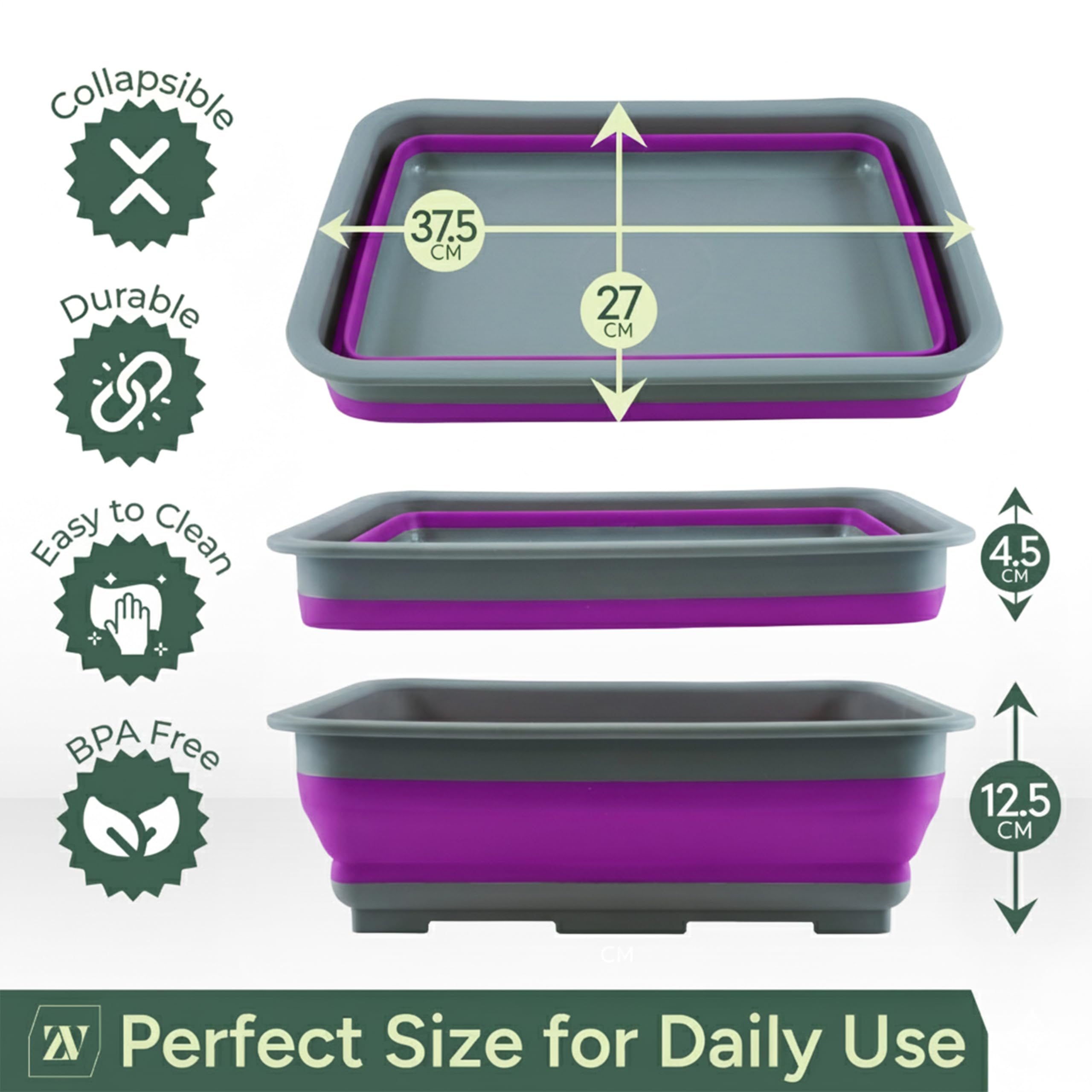 Zuvo Collapsible Washing Up Bowl - 10L Capacity | Folds to 5cm | Purple & Grey