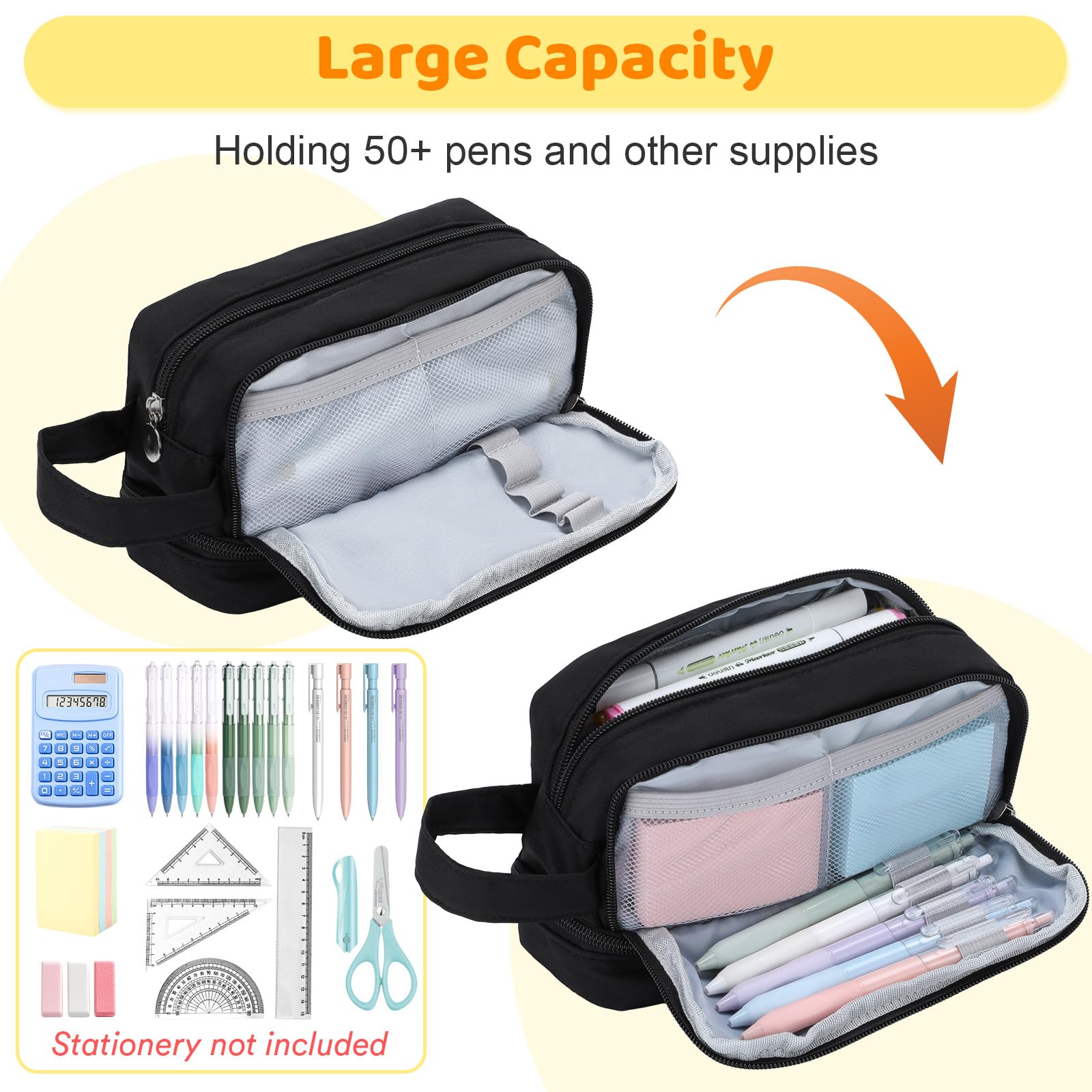 Alyvisun Large Pencil Case - Durable Canvas, 3 Compartments | Updated Black 2