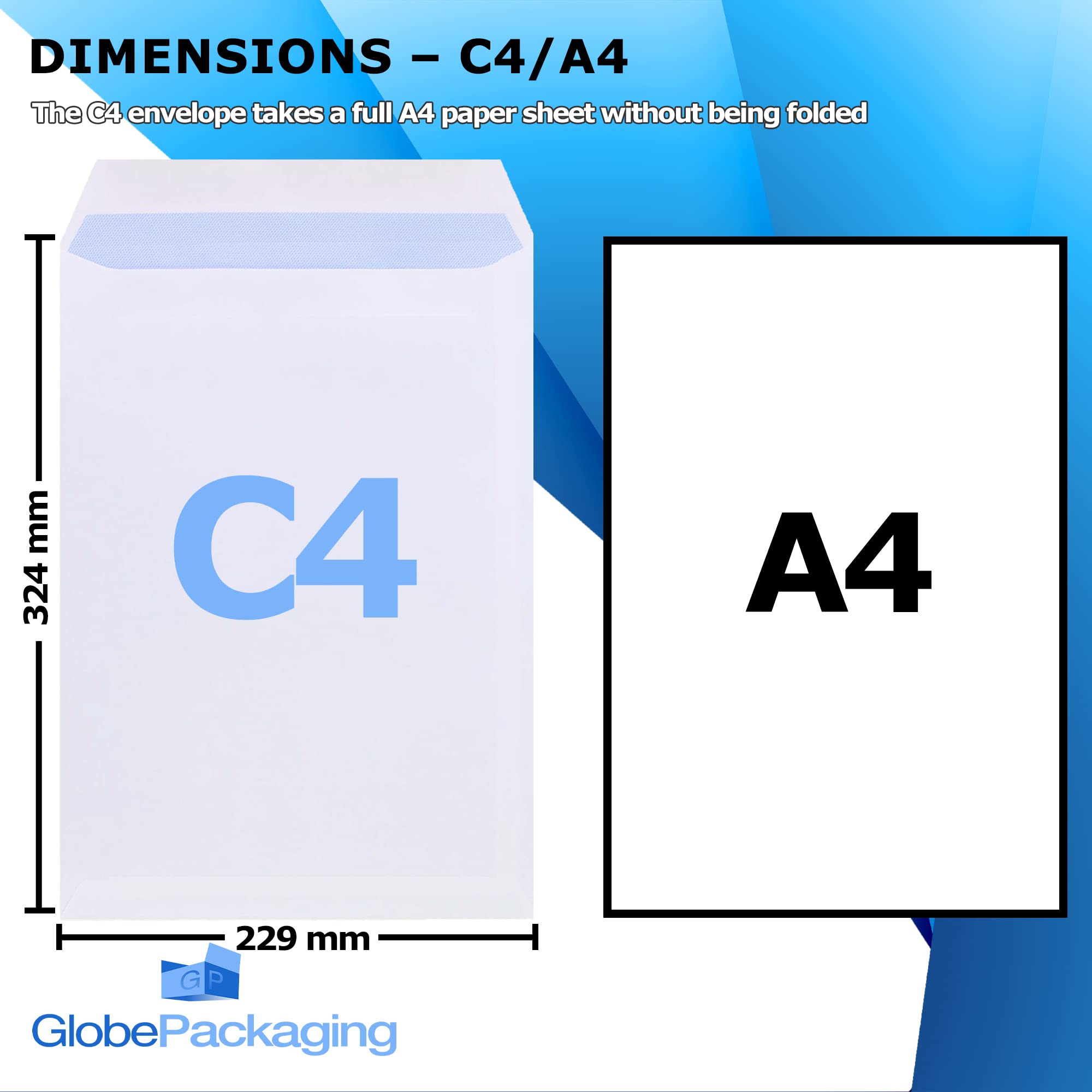Globe Packaging C4/A4 Plain White Self Seal Envelopes 90gsm, Pack of 50 | Blue Security Tint | Made in the UK 2