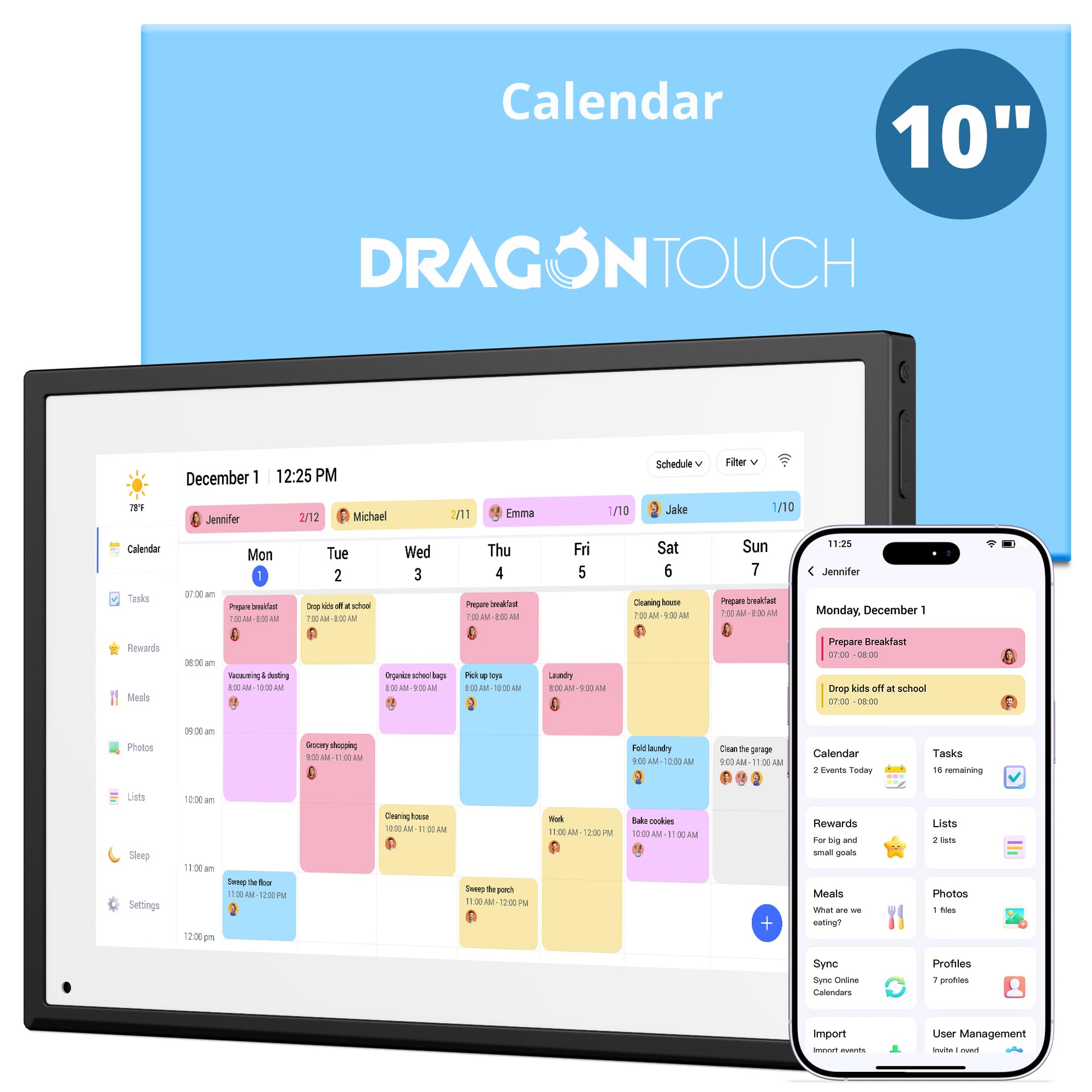 Dragon Touch 10.1" Digital Wall Calendar 2026 Family Planner | 1080P HD | 32GB Storage