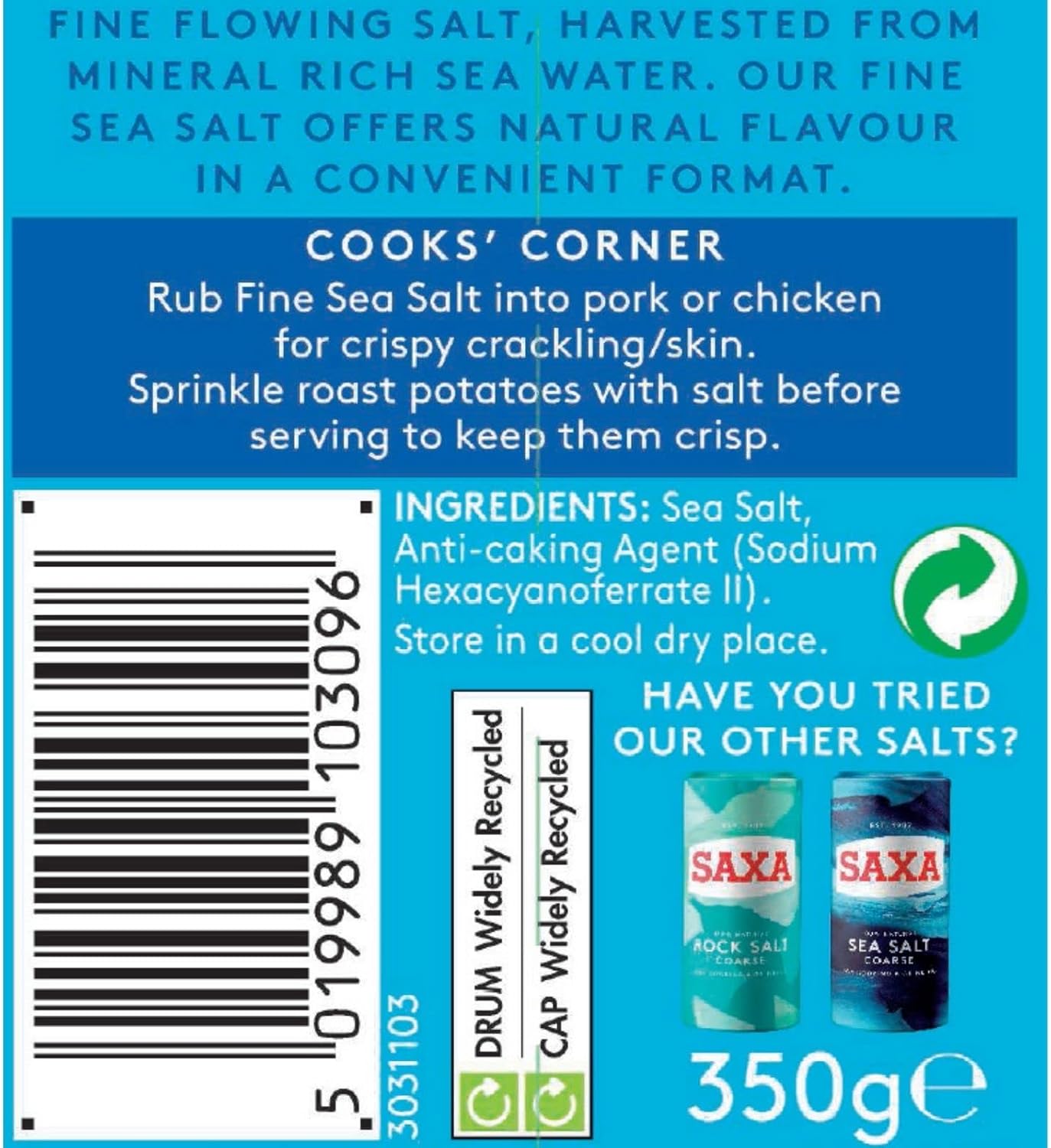 Saxa Fine Sea Salt - 350g Drum, No Need to Grind 3