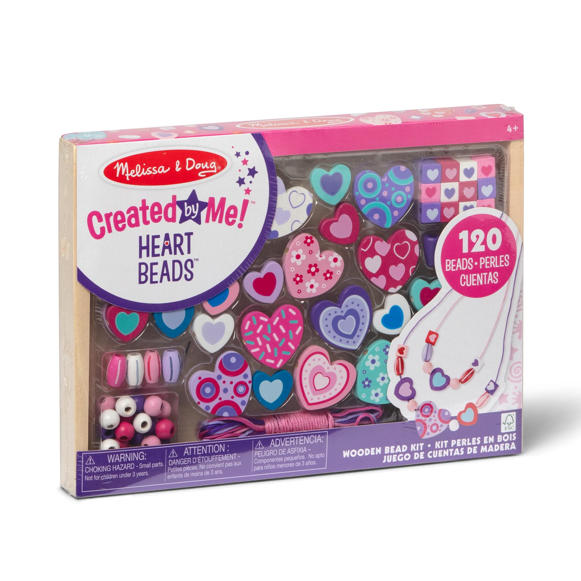 Melissa & Doug Sweet Hearts Bead Set - Wooden Jewellery Making Kit for Ages 4+ | 120 Beads