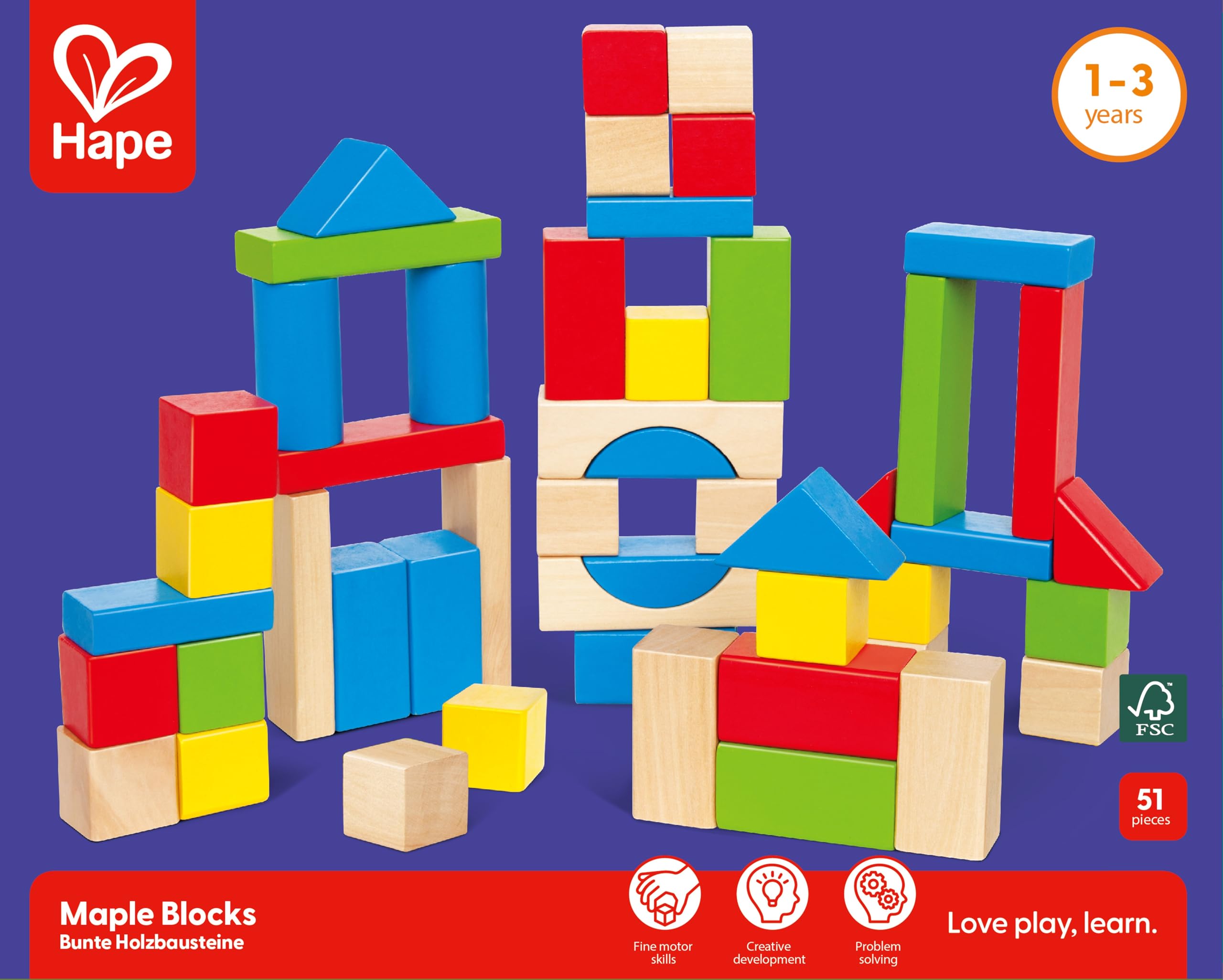 Hape Maple Blocks Wooden Building Blocks Set - 50 Pieces, Assorted Shapes & Colors | Ages 12M+ | E0409 5