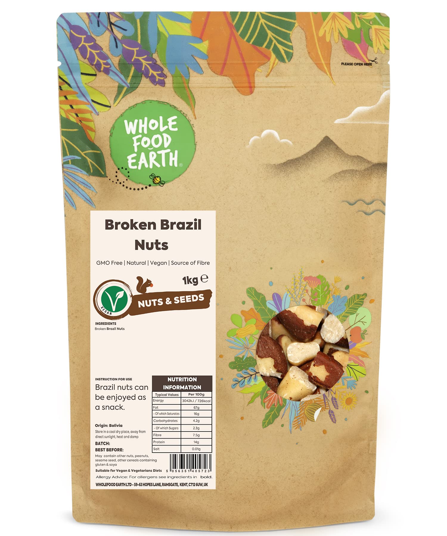 Wholefood Earth Broken Brazil Nuts 1 kg | GMO Free | Natural | Vegan | High in Fibre & Protein