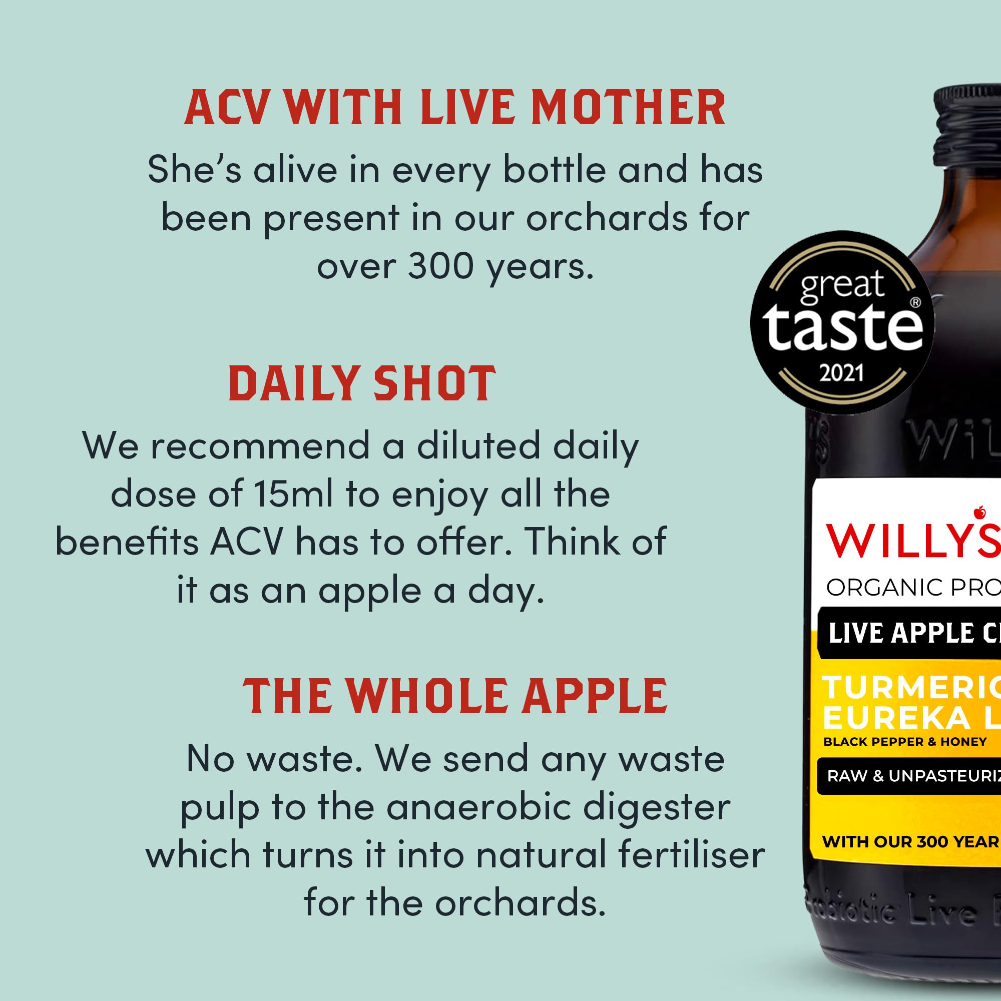 Willy's Apple Cider Vinegar with Turmeric & Honey - Raw, Organic, Unpasteurised | 500ml 4