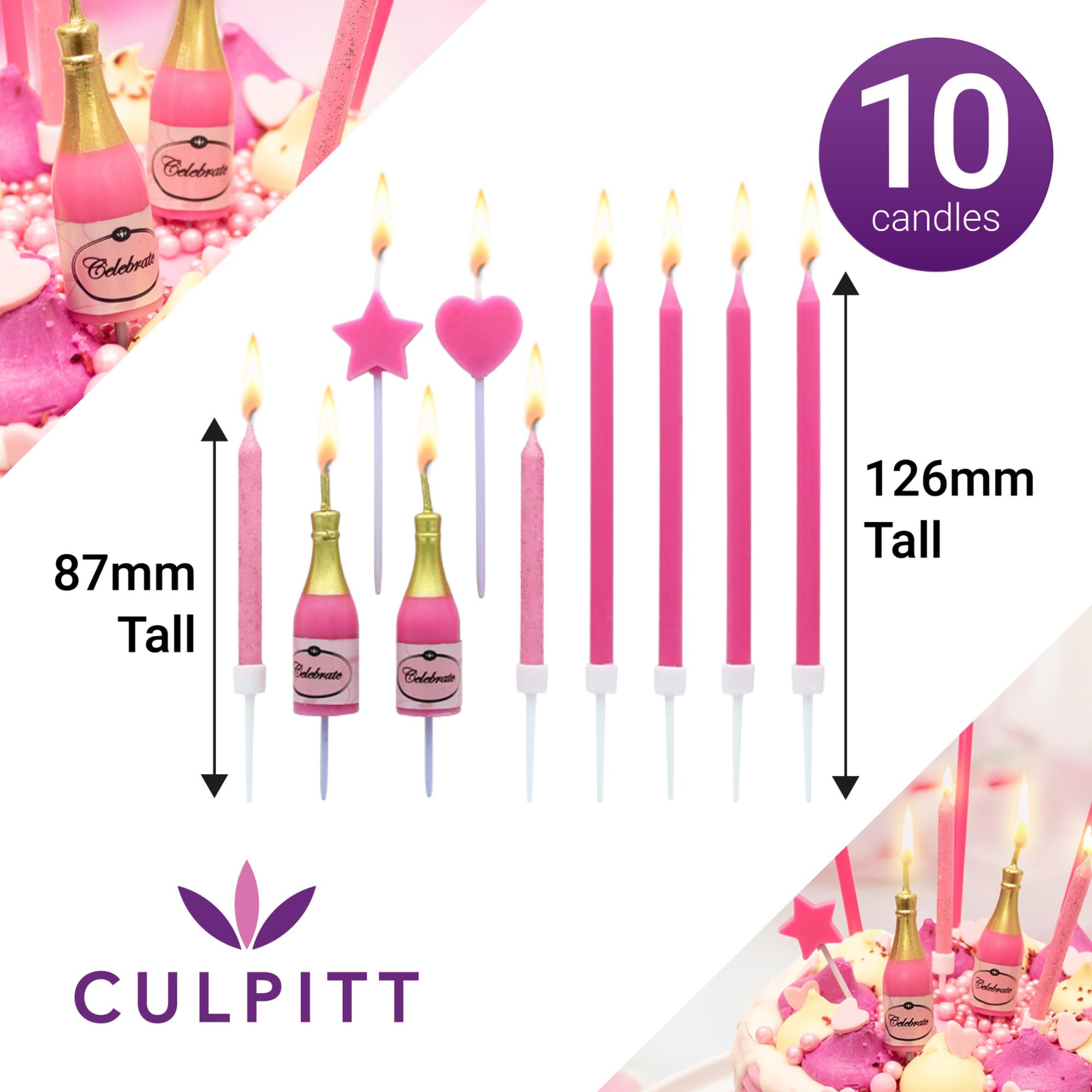 Culpitt Pink Fizz Cake Candles - 10 Piece Mixed Set with Glitter, Champagne Bottle, Heart & Star Shapes 3