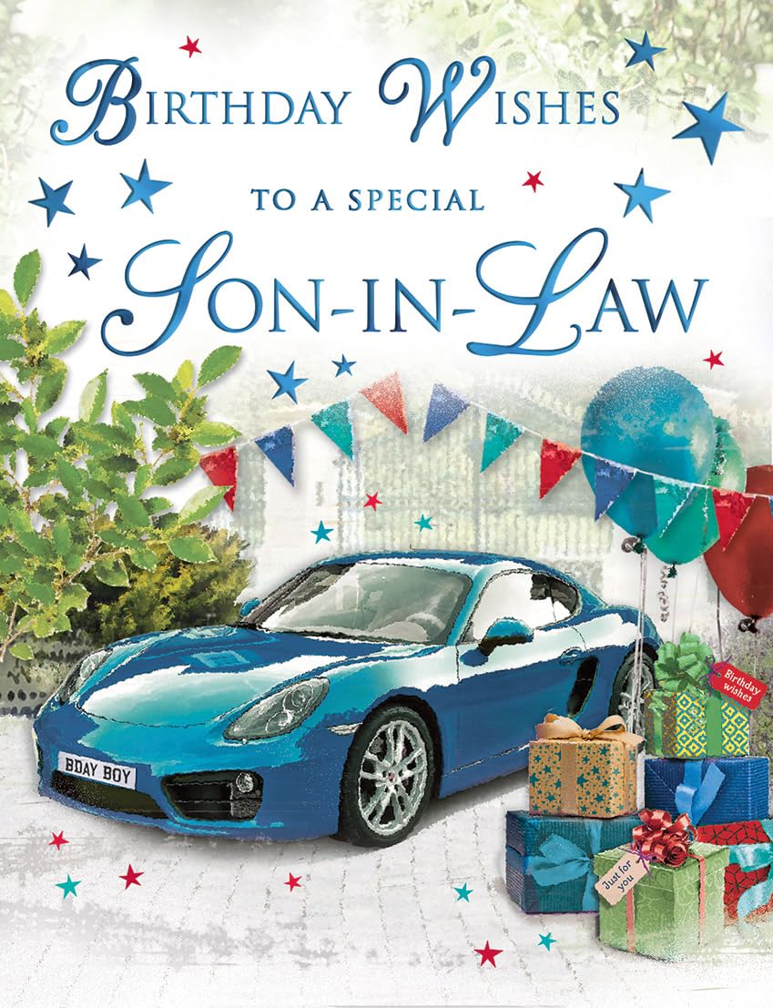 Regal Publishing Traditional Birthday Card for Son In Law | Blue Sports Car Design | 8 x 6 Inch 1