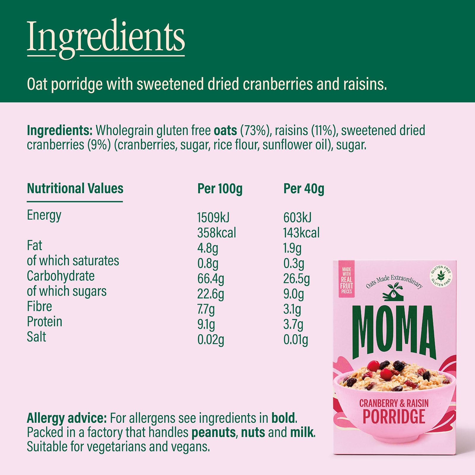 MOMA Cranberry- und Rosinen-Porridge-Beutel – 6 x 40 g – Hergestellt mit britischem Hafer 4