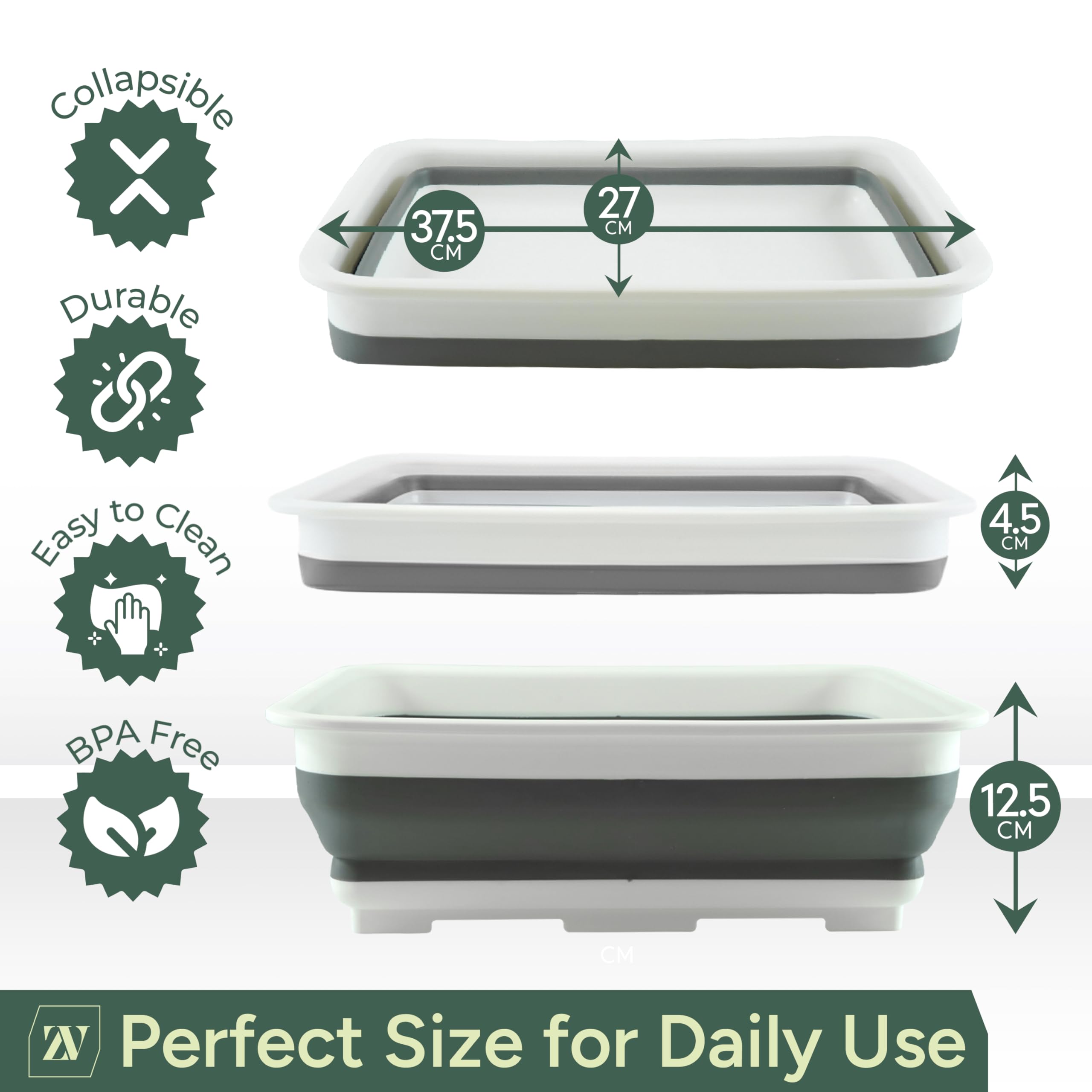 Zuvo Collapsible Washing Up Bowl - 10L Capacity | Folds to 5cm High | Durable PP & Silicone