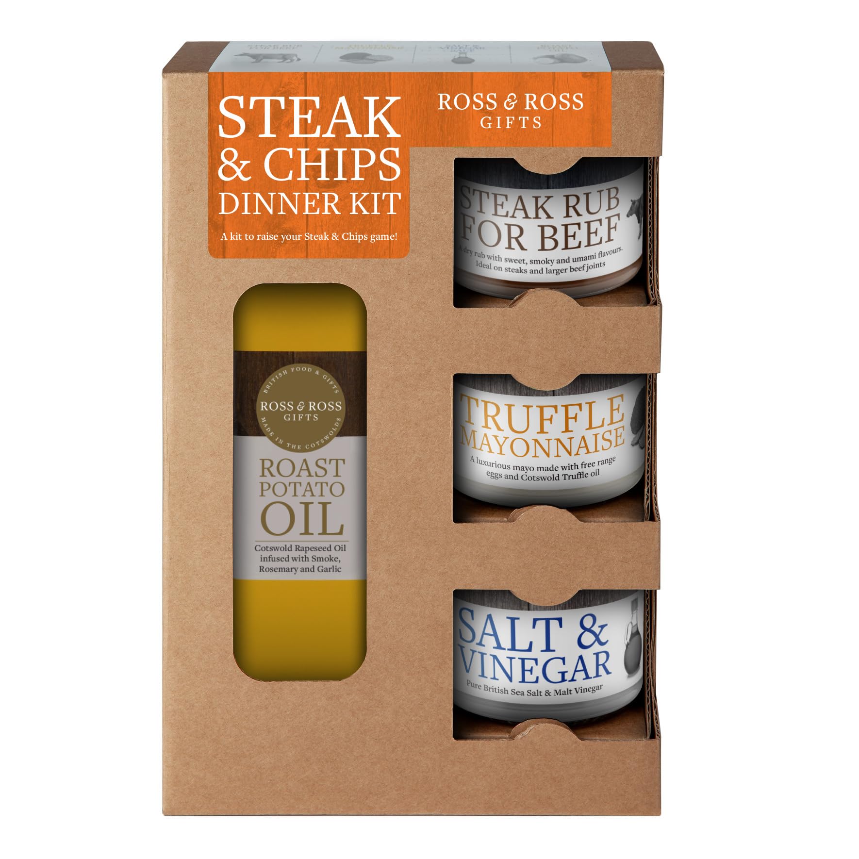Ross & Ross Gifts - Steak and Chips Quad Kit with Roast Potato Oil, Steak Rub, Salt & Vinegar Salt, Truffle Mayonnaise