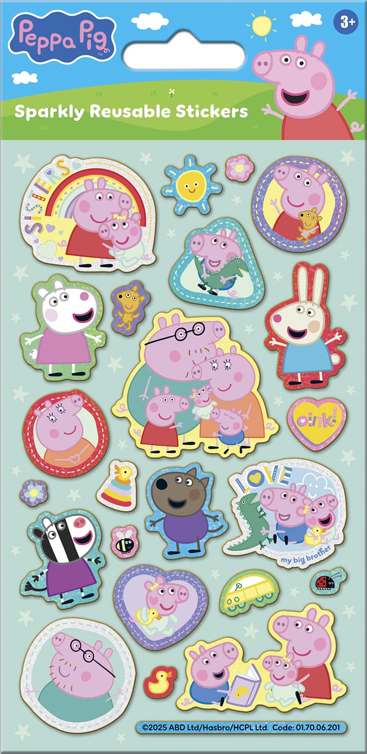 Paper Projects Peppa Pig Family Sparkly Reusable Stickers - Includes New Baby Sister Evie