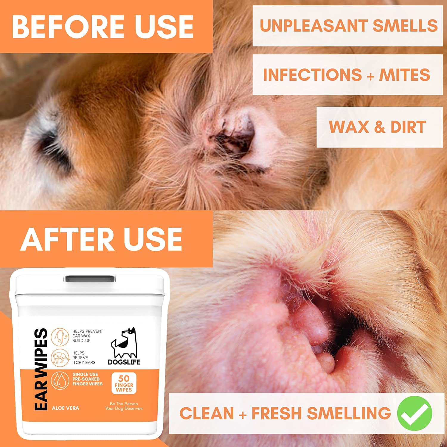 DogsLife Dog Ear Wipes - 50 Count Pack for Wax, Dirt & Itch Relief | Aloe Vera Formula 3