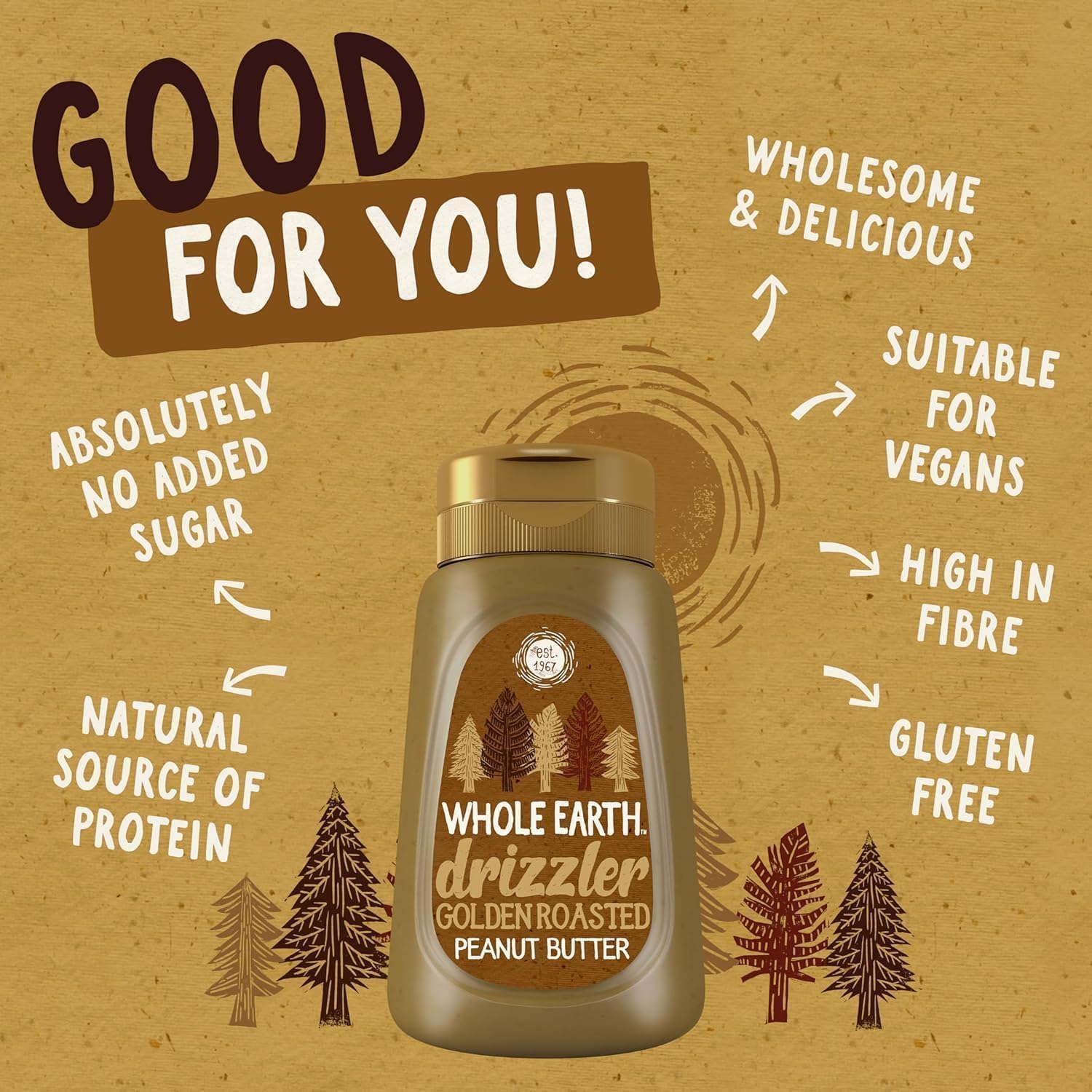 Whole Earth Drizzler Golden Roasted Peanut Butter - Super Smooth Squeezy Runny Nut Spread 6 x 320g 7