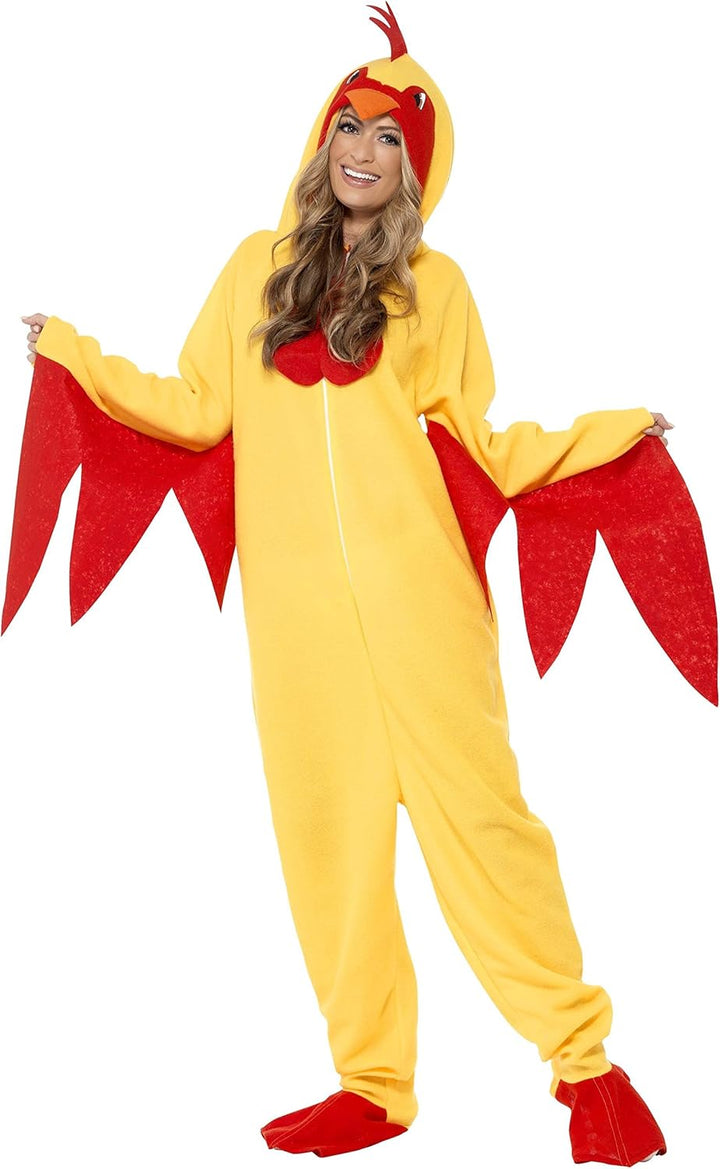 Smiffys Chicken Costume - Adult Men's Hooded All-in-One Fancy Dress Jumpsuit, Size L, Model 27857M