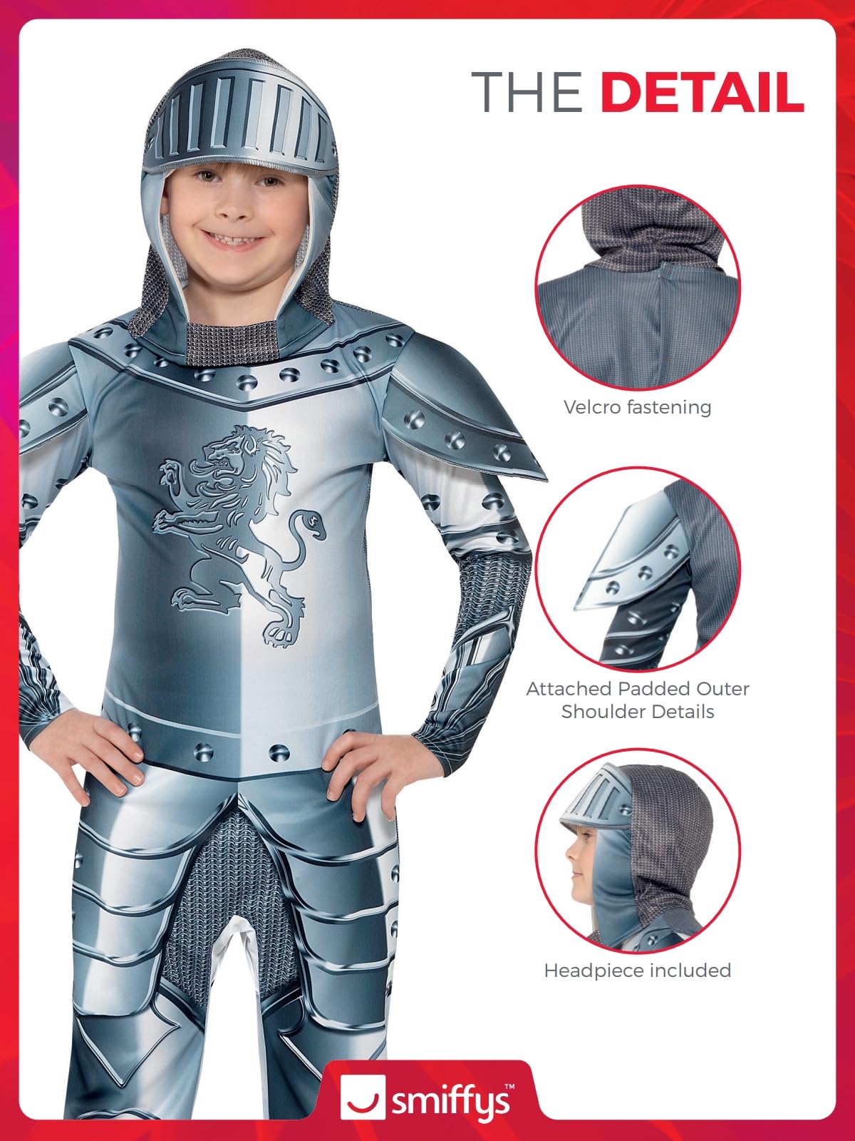 Smiffys Deluxe Armoured Knight Costume - Grey Jumpsuit & Headpiece, Digital Print, Ages 4-6 12