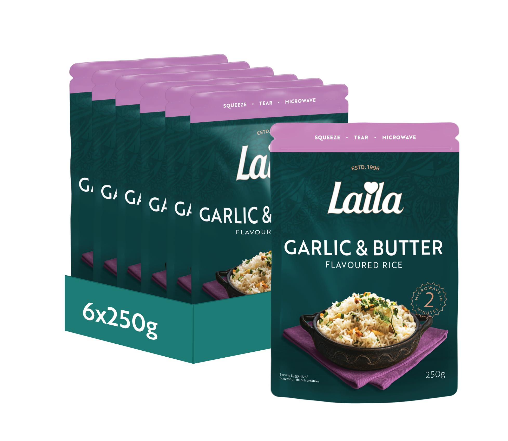 Laila Garlic & Butter Microwave Rice - 6 x 250g Packs | Ready in 2 Minutes 1