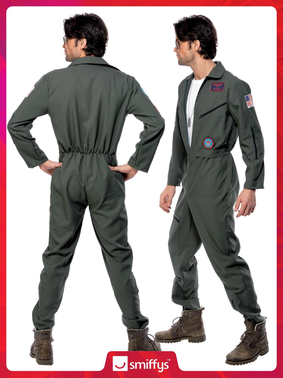 Smiffys Top Gun Costume - Adult Green Jumpsuit with Name Tags & Sunglasses 5