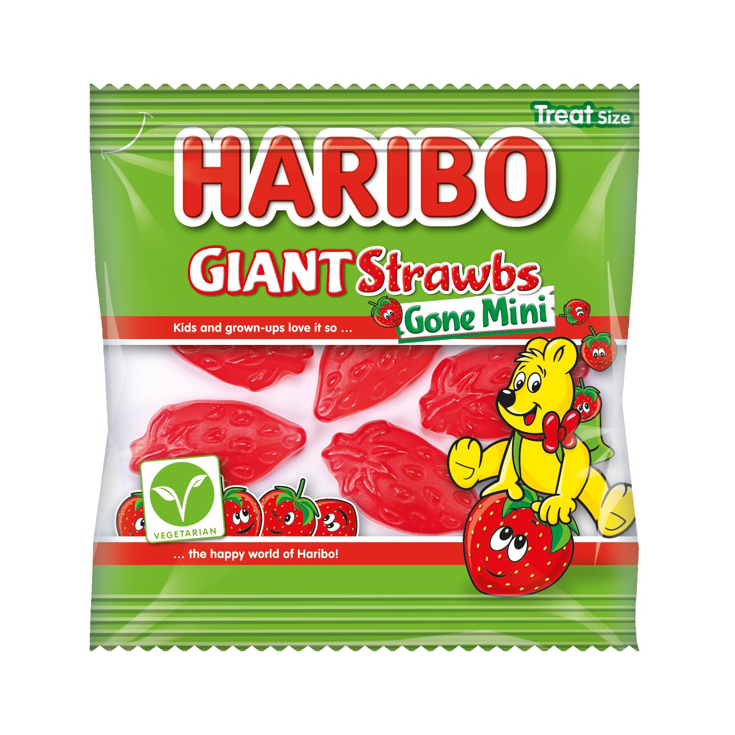 HARIBO Giant Strawbs Gone Mini Fruit Sweets - 100 Mini Bags