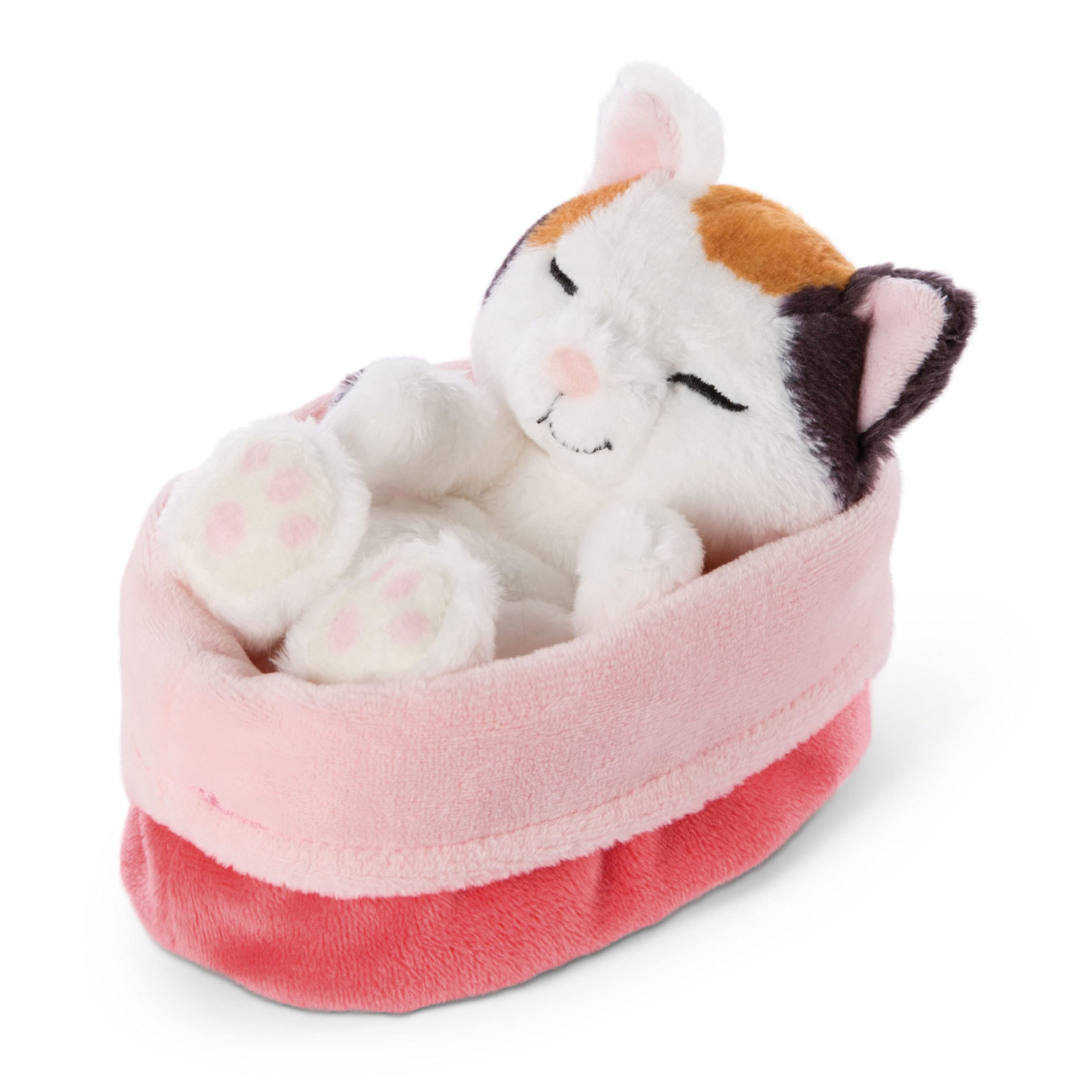 NICI Sleeping Kitties Plush Cat in Red-Pink Basket - 16 cm Cuddly Toy for Babies & Kids