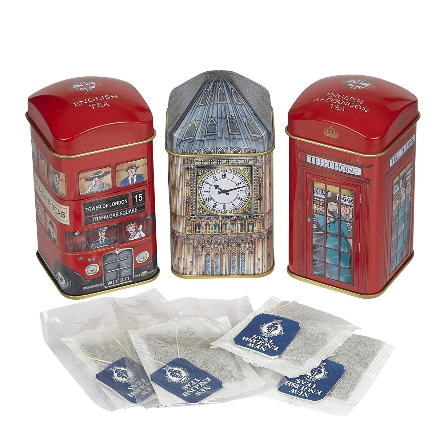 New English Teas Heritage Selection Triple Tin 28 Tea Bags - Big Ben, Red Bus & Telephone Box Design