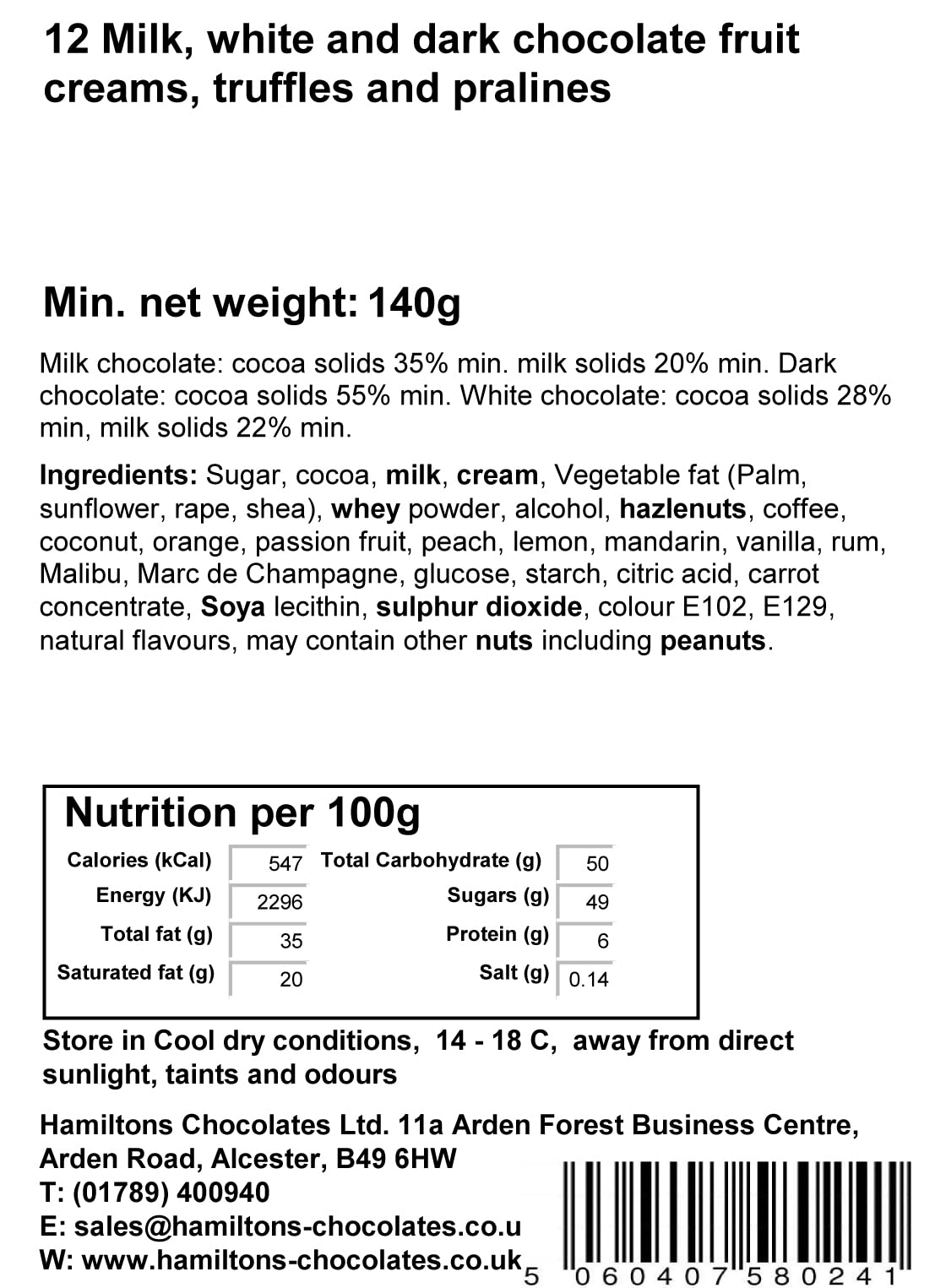 Hamiltons Elfenbeinfarbene Luxus-Ballotin-Geschenkbox mit 12 handgemachten Pralinen