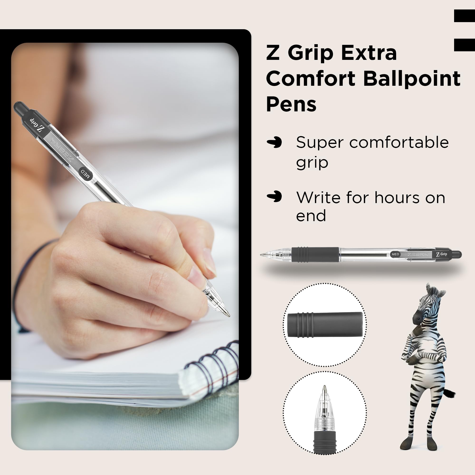 Zebra Pen Z Grip Ballpoint Pens - 50 Count Black Ink, Medium Point, Retractable | Soft Ribbed Grip 4