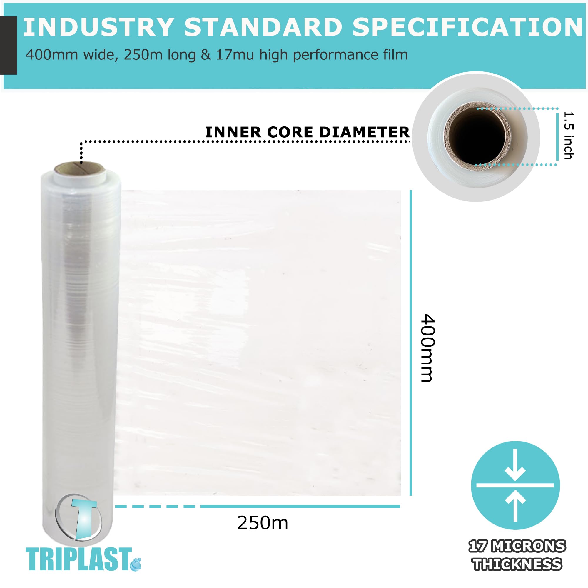 Triplast Pallet Stretch Wrap Roll - Industrial Strength 17mu, 400mm x 250m, Clear, 2 Pack 2