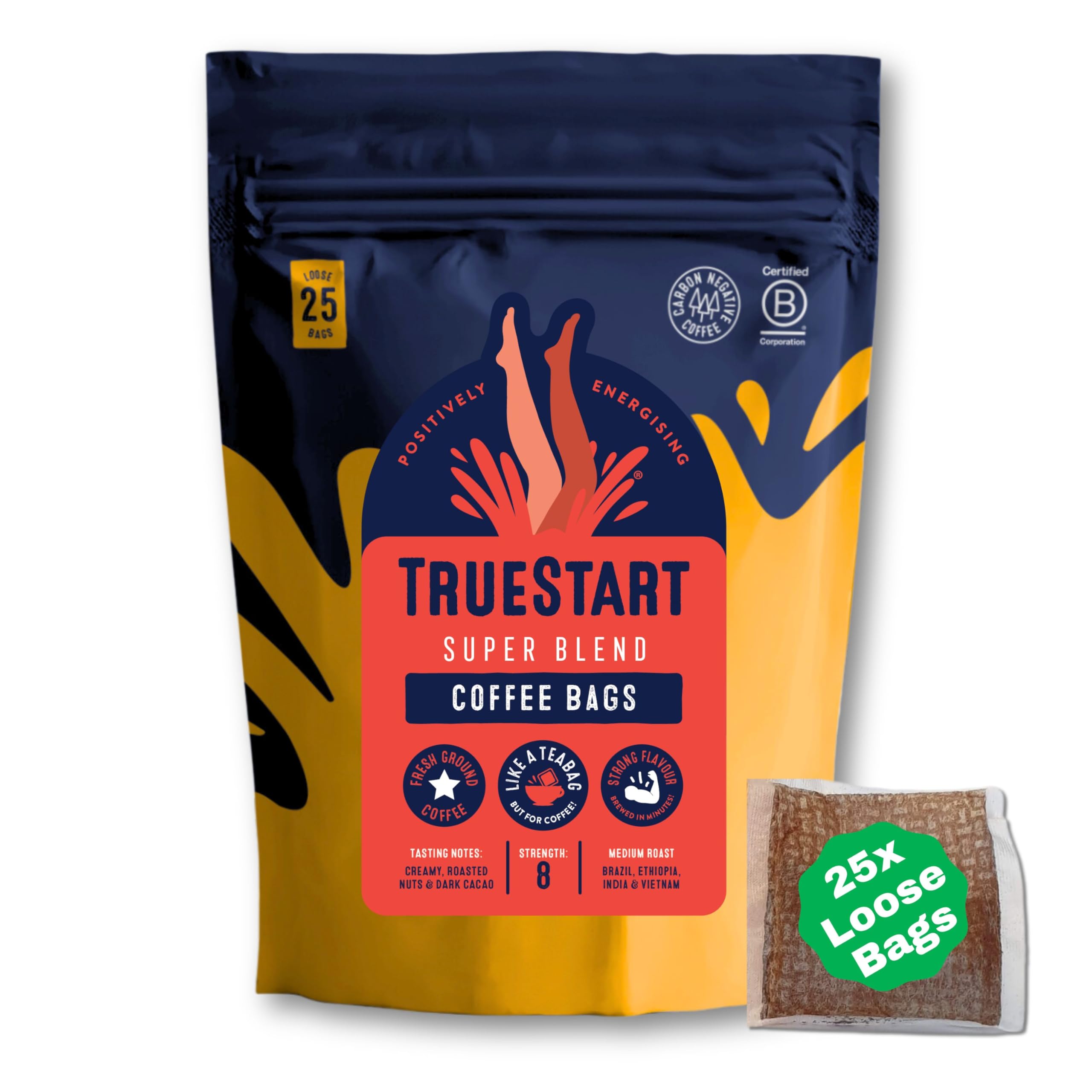 TrueStart Kaffeebeutel, Super Blend Strong – 25 lose Beutel, Mykotoxinfrei, Reich an Antioxidantien, Glutenfrei, Einzeln verpackter und wiederverschließbarer Beutel