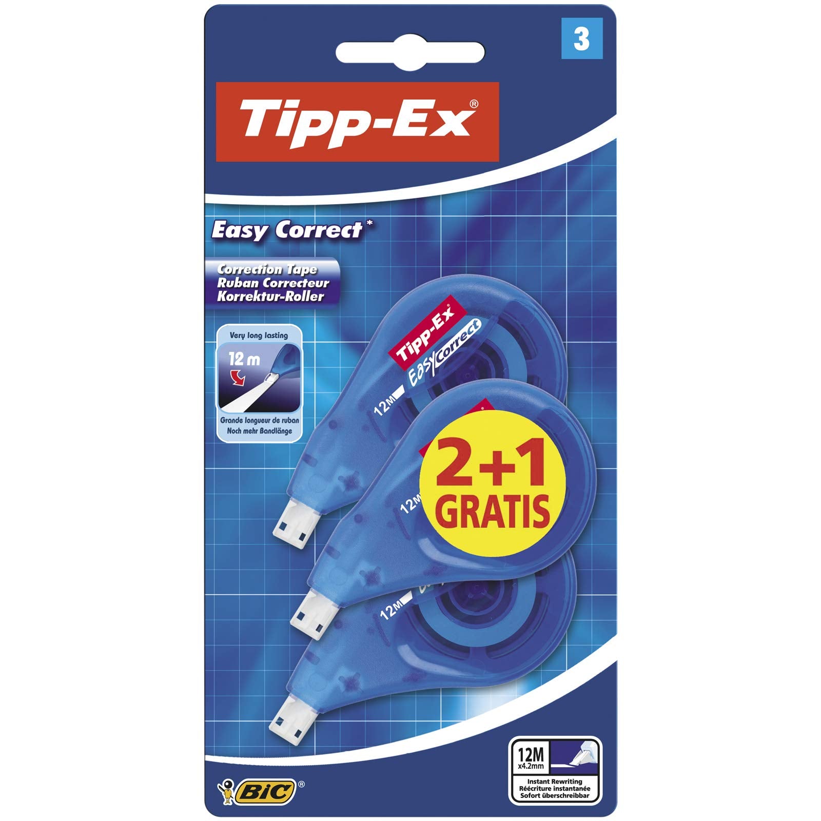 BIC Tipp-Ex Easy Correct Correction Tape - 12m Extra Long, Tear-Resistant, Side Dispenser | 3 Pack 1