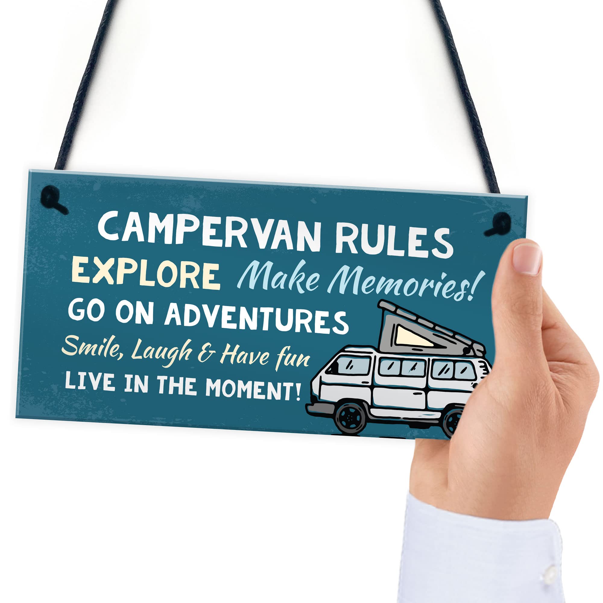 RED OCEAN Campervan Rules Hanging Door Plaque | Blue PVC | 200x100mm | Handmade in England 6