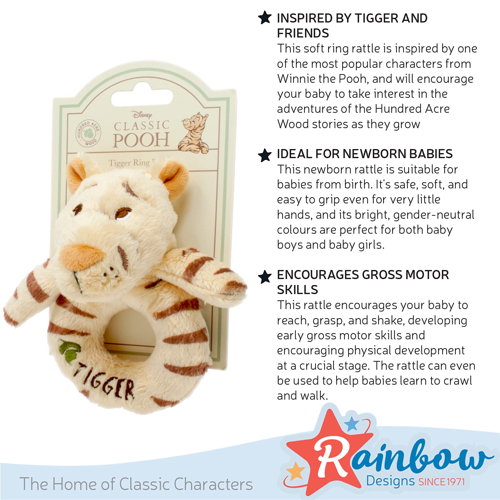 Rainbow Designs Tigger Ring Rattle - Soft Plush, Newborn Safe, Sensory Development | 1 Count 4