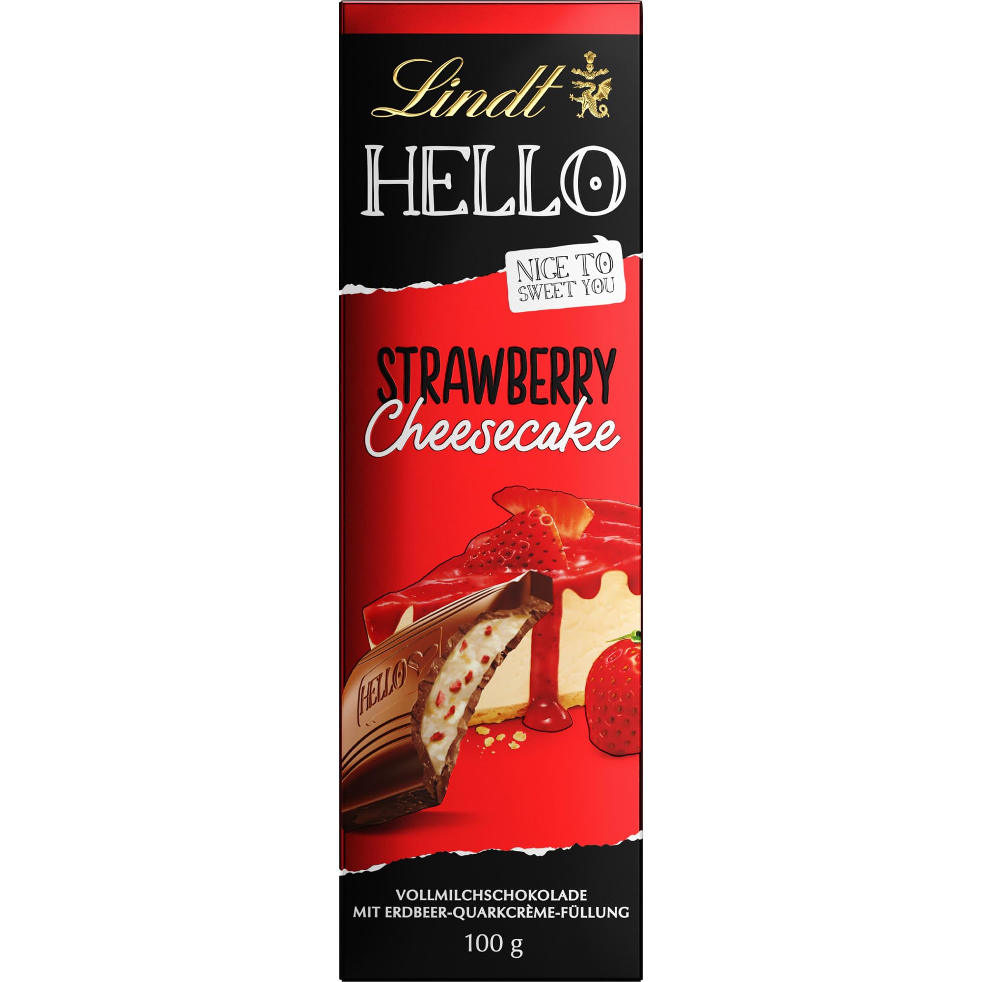 Lindt Hello Milchschokolade Erdbeer-Käsekuchen-Riegel, 100g
