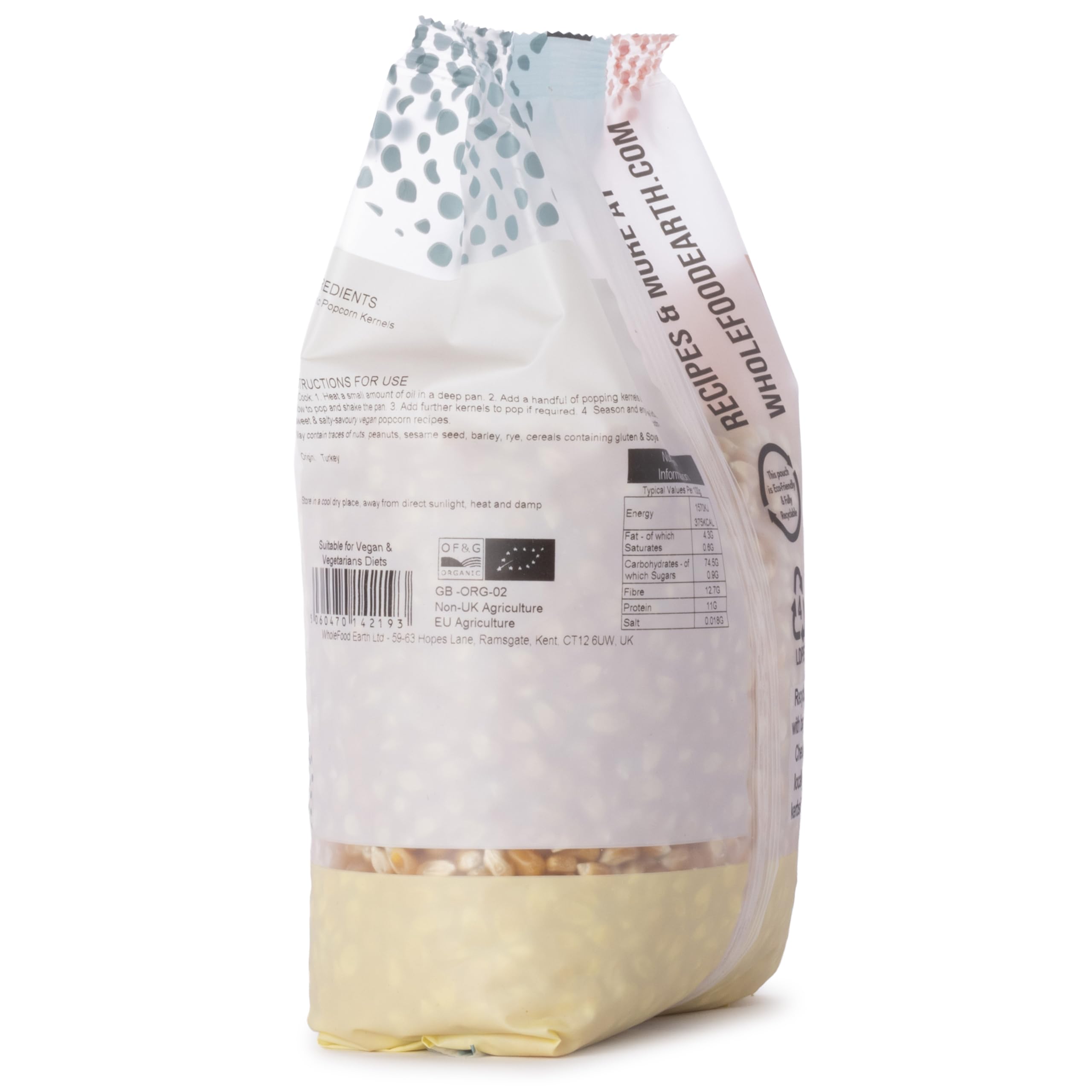 Wholefood Earth Organic Popping Corn Kernels - 1kg | GMO Free | Vegan | High Fibre