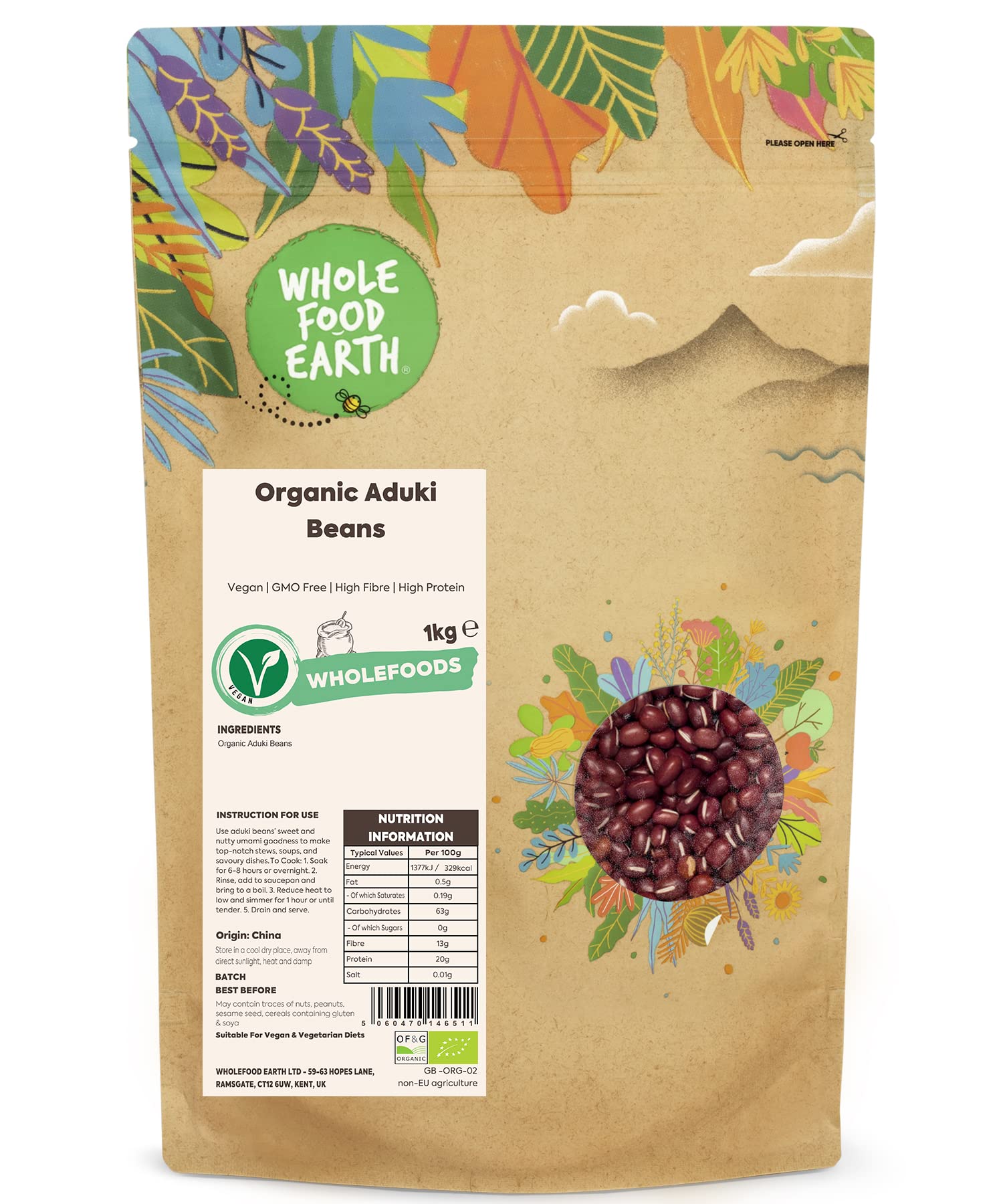 Wholefood Earth Organic Aduki Beans 1kg | Vegan, GMO Free, High Fibre | Certified Organic 1