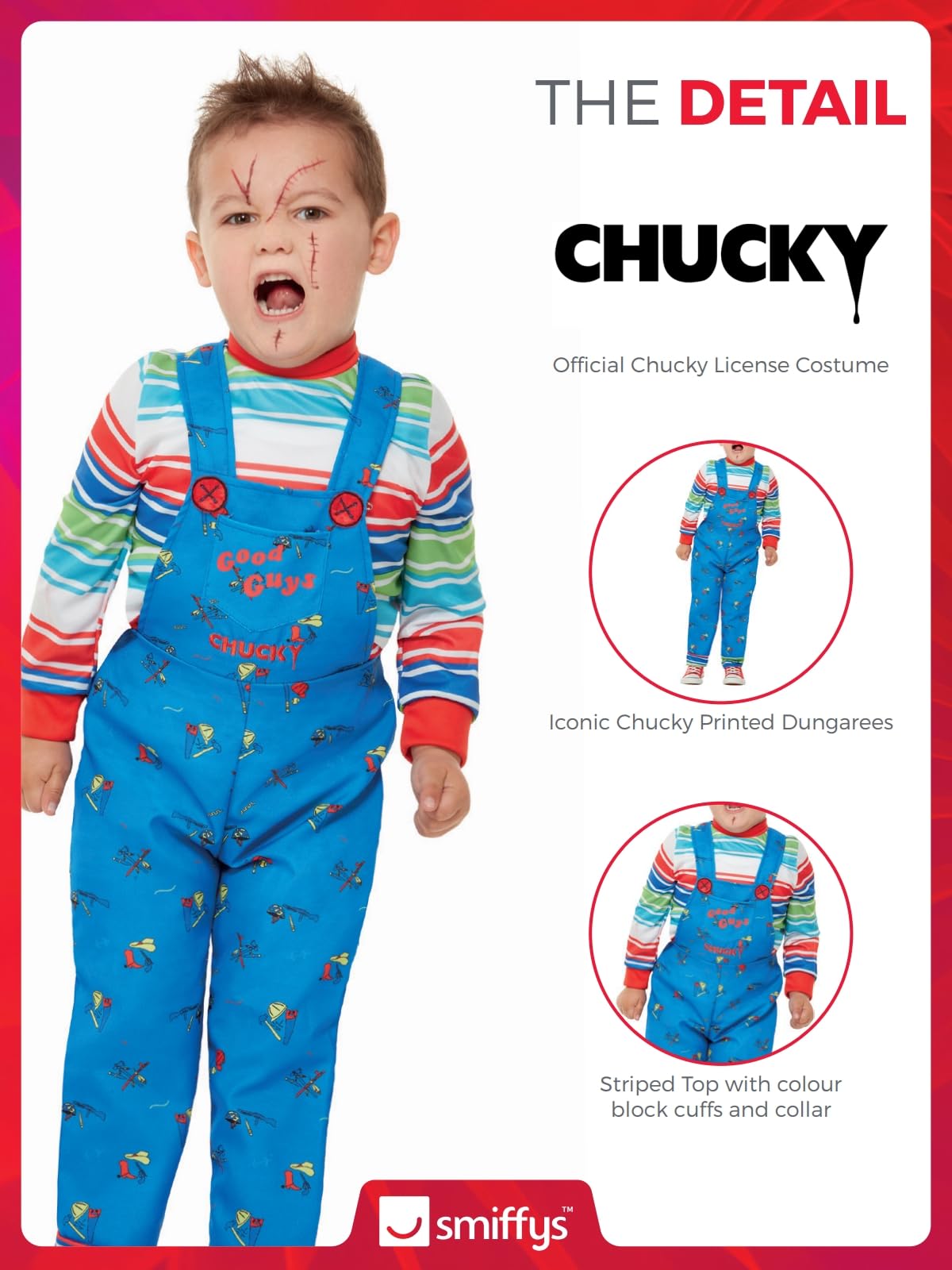 Smiffys Chucky Costume - Kids Blue Striped Top and Printed Dungarees 10