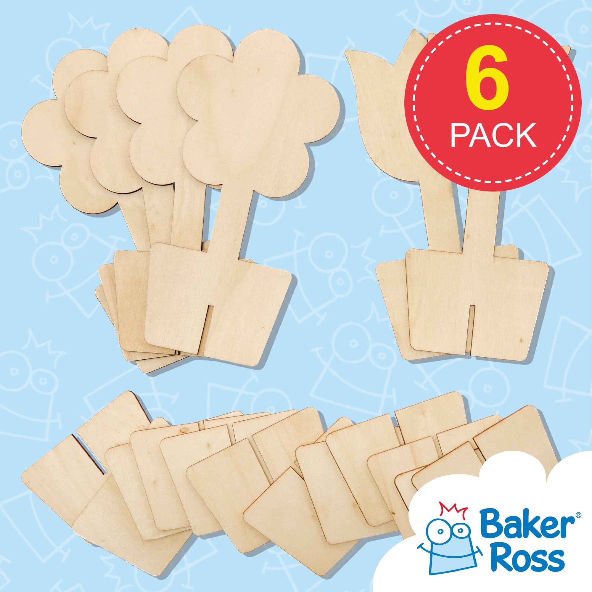 Baker Ross FC727 Flower 3D Wooden Stand Up Decorations - Pack of 6 Kits | 16cm Height