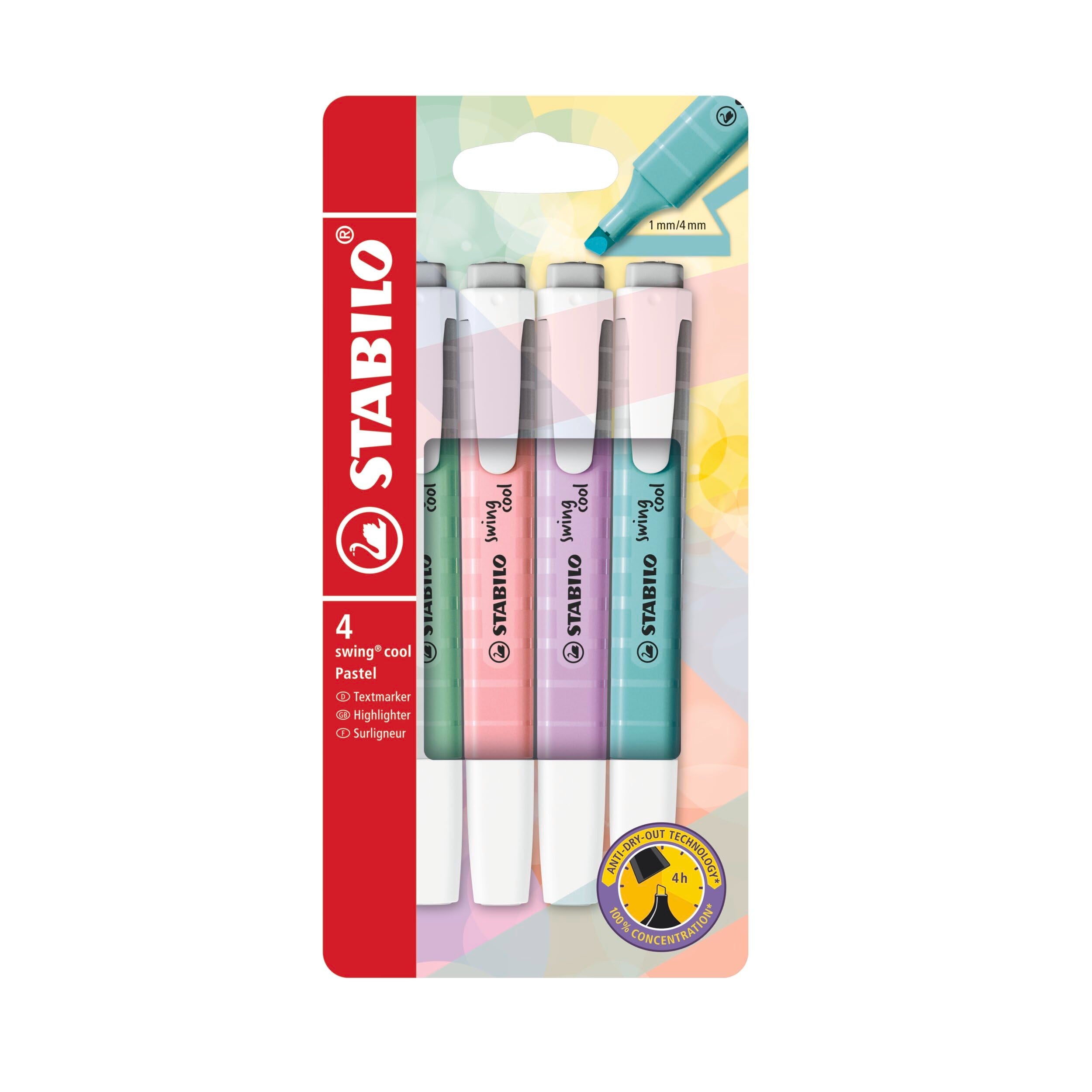 STABILO swing cool Pastel Highlighter - Wallet of 4 Assorted Colours | 4 Hour Cap-Off Time | Chisel Tip