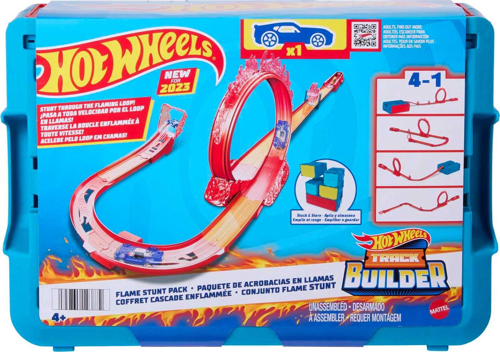 Hot Wheels Track Builder Flame Stunt Pack - Fire-Themed Race Track Set with 16 Pieces & 1 Car for Kids 4+