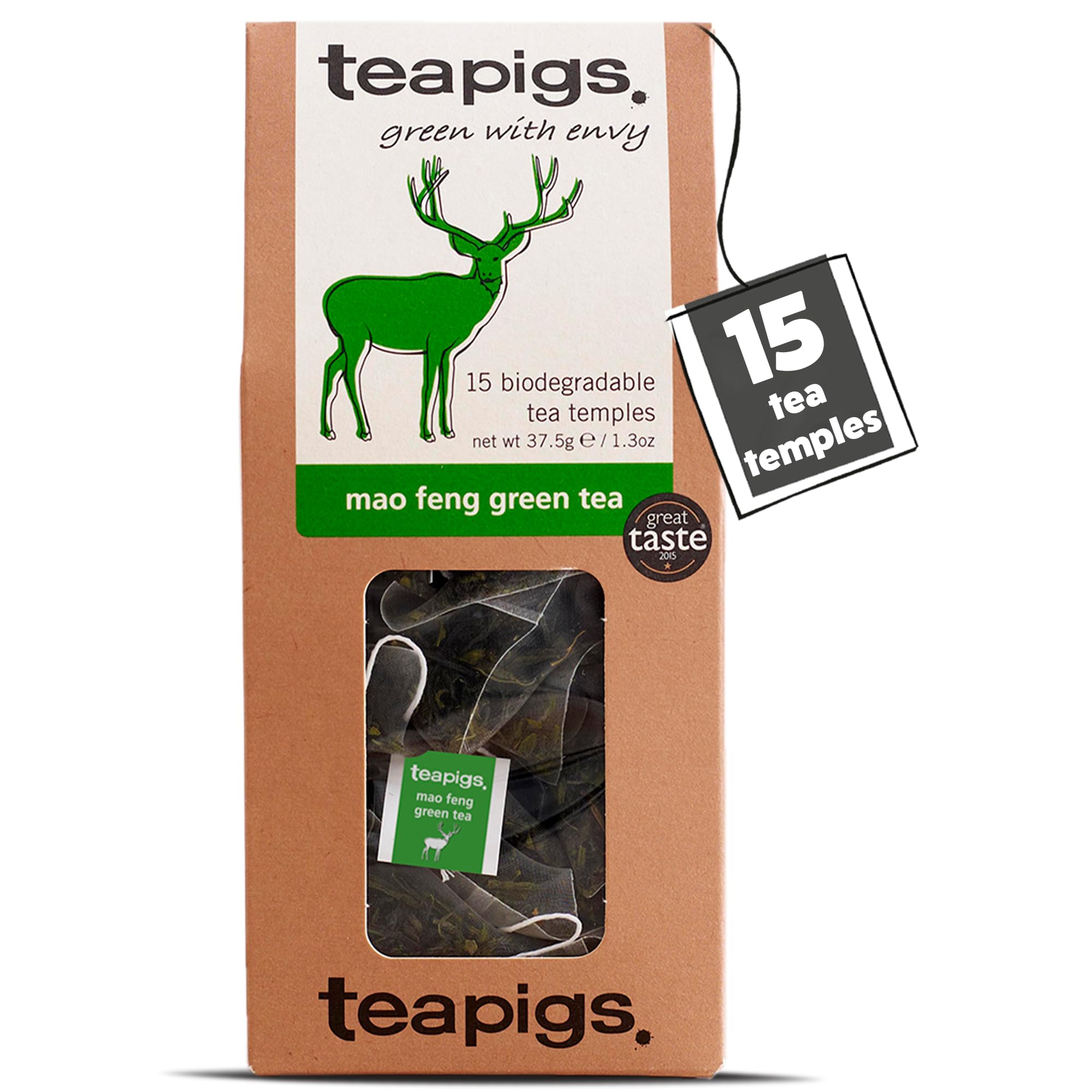 teapigs Mao Feng Green Tea - Pure Whole Leaf Green Tea Bags, Fresh Peachy Flavor, 80°C Brew
