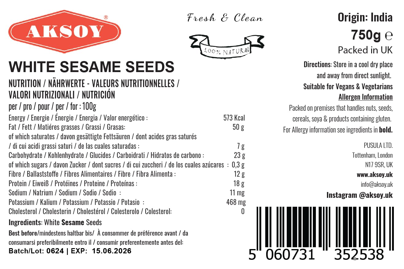 AKSOY Sesame Seeds - 750g Premium Natural Whole Seeds | Rich Nutty Flavor | Non-GMO
