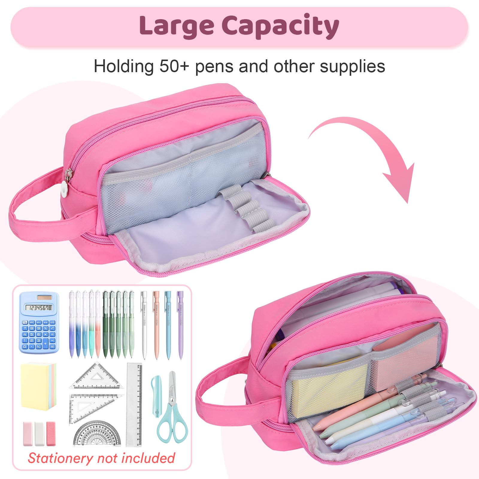 Alyvisun Large Capacity Pencil Case - 3 Compartments, Pink Canvas, Zipper Closure | One Size 2