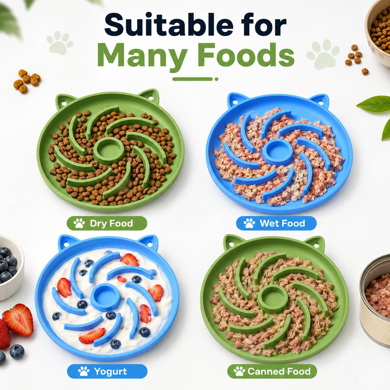 JADUFHU Silicone Slow Feeder Cat Bowl - Promotes Healthy Eating | 2 Pack | Green & Blue 3