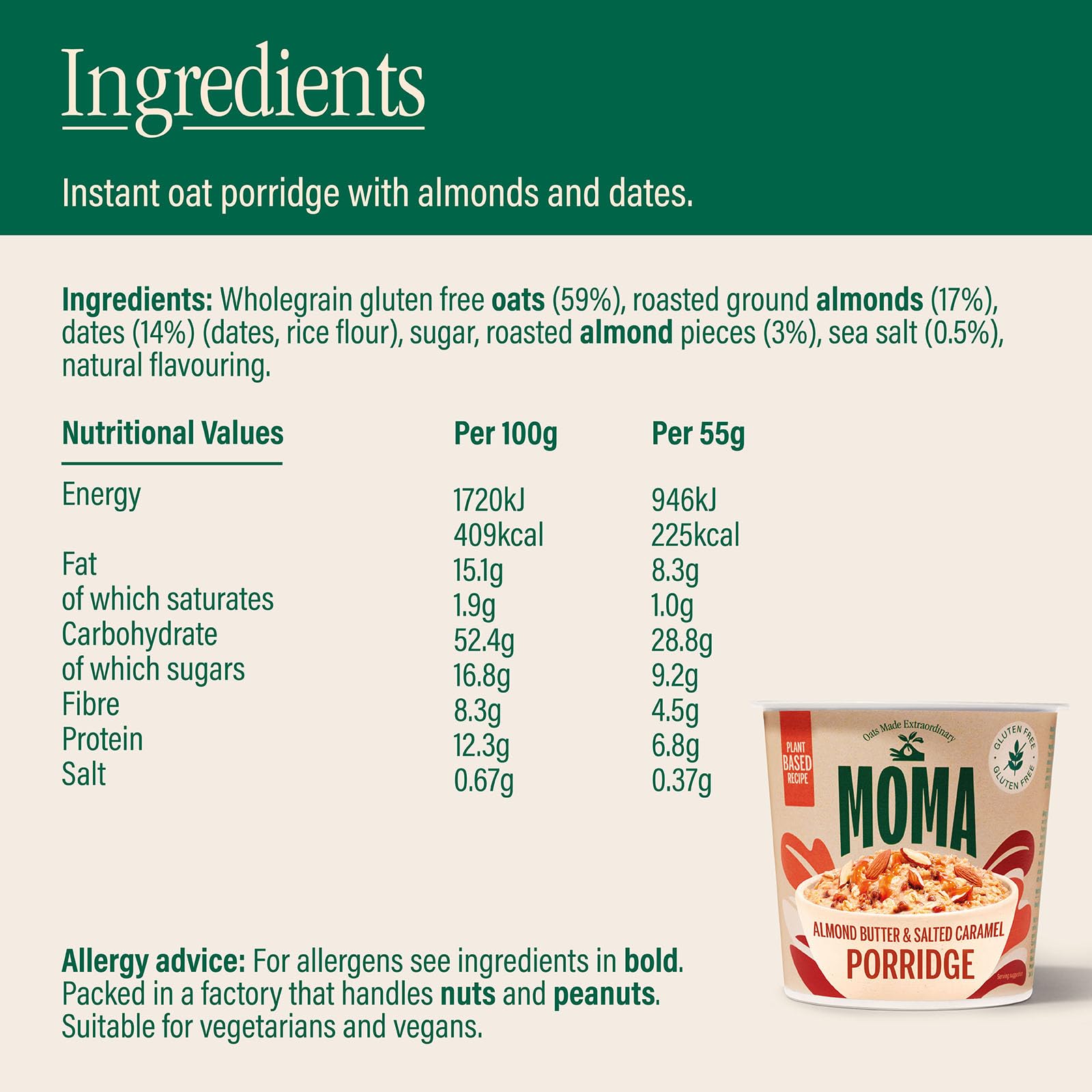 MOMA Instant-Porridge-Becher mit Mandelbutter und gesalzenem Karamell – Schachtel mit 12 x 55 g – Glutenfrei, vegan, ballaststoffreich 5